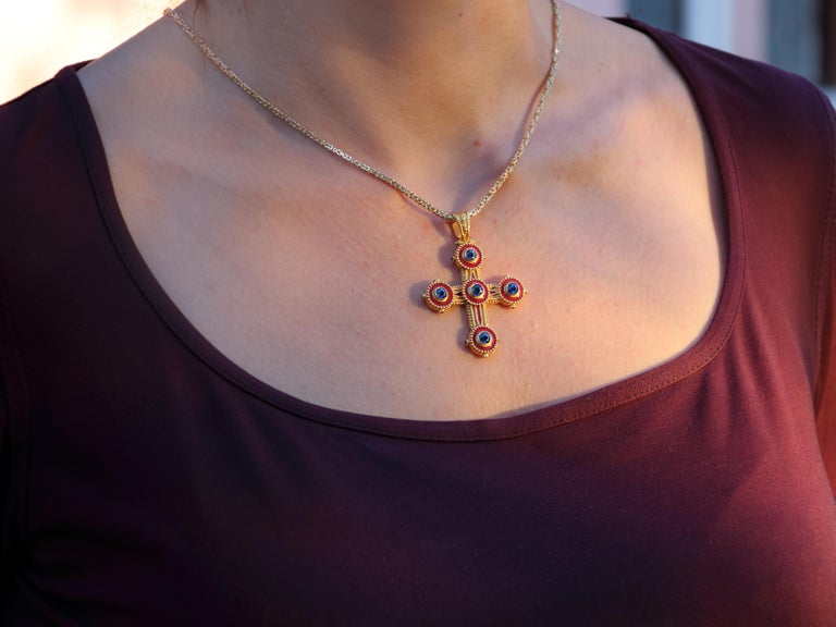 Dimos 22k Gold Byzantine Cross with Enamel and Sapphires For Sale 3