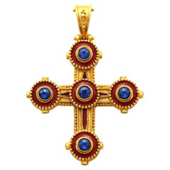 Antique Dimos 22k Gold Byzantine Cross with Enamel and Sapphires
