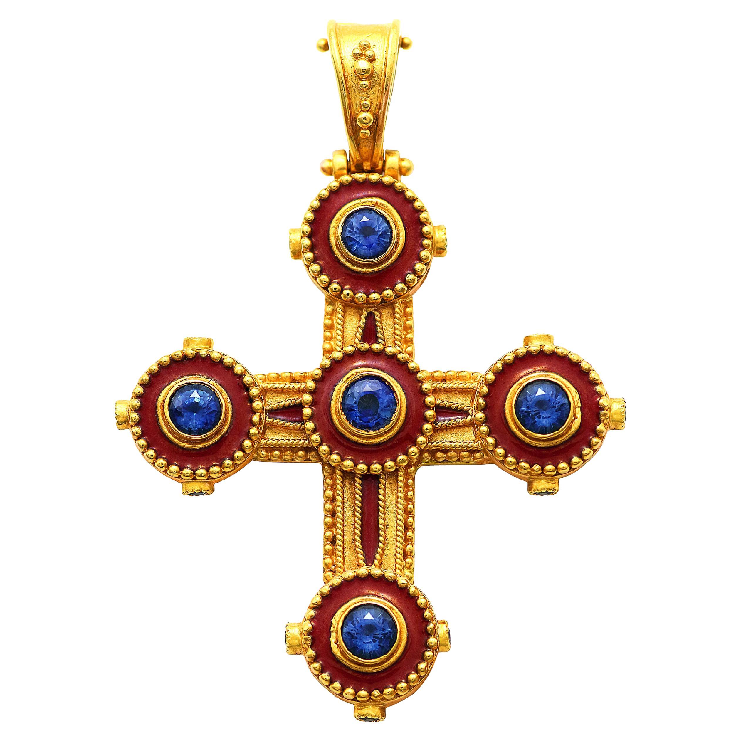 Dimos 18 Karat Gold byzantinisches Kreuz mit Emaille und Saphiren im Angebot
