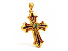 Dimos 22k Gold Byzantine Filigree Cross with Marquise Cut Emerald