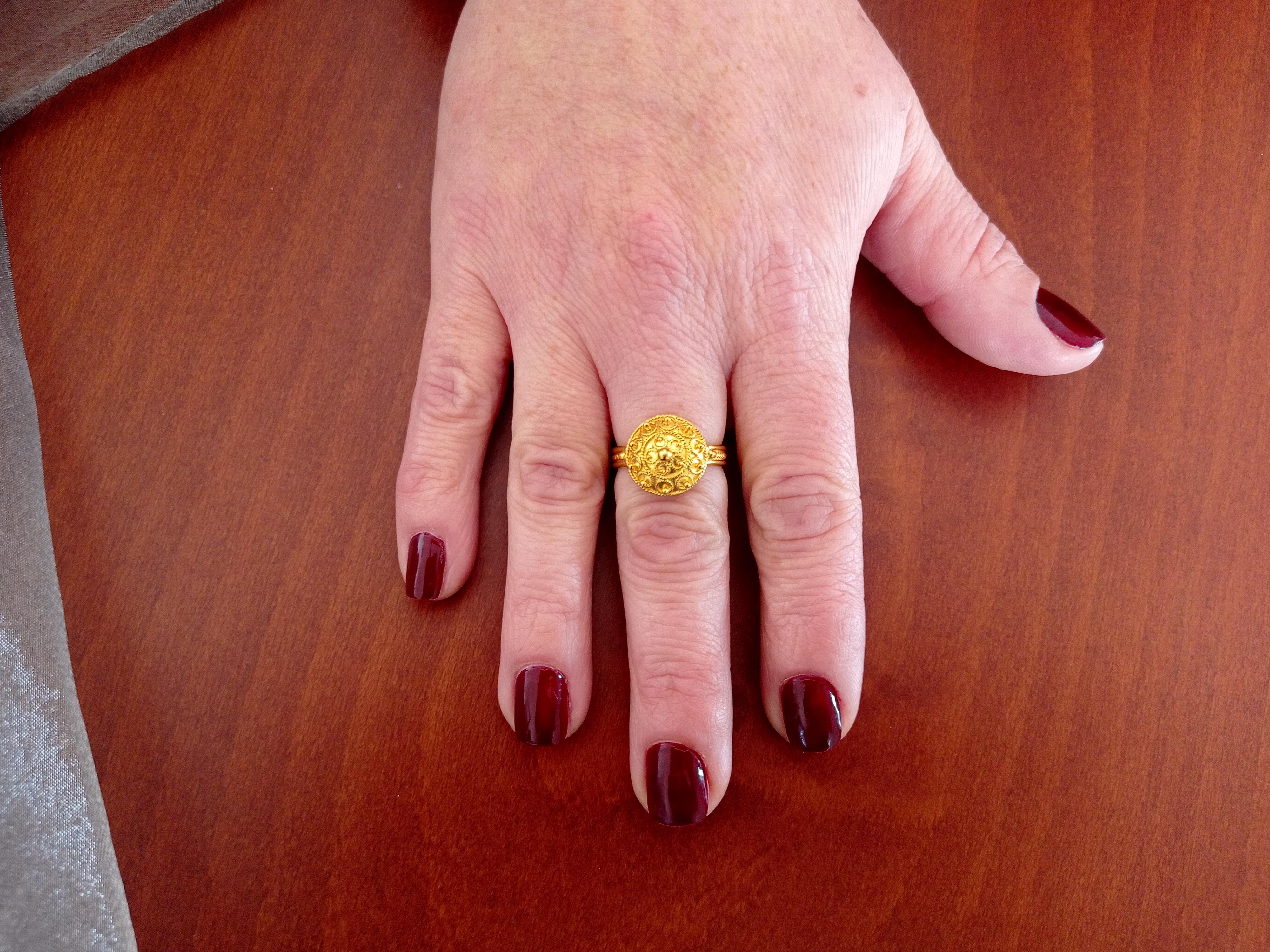 Byzantine Dimos 22K Gold Filigree Bocola Ring For Sale