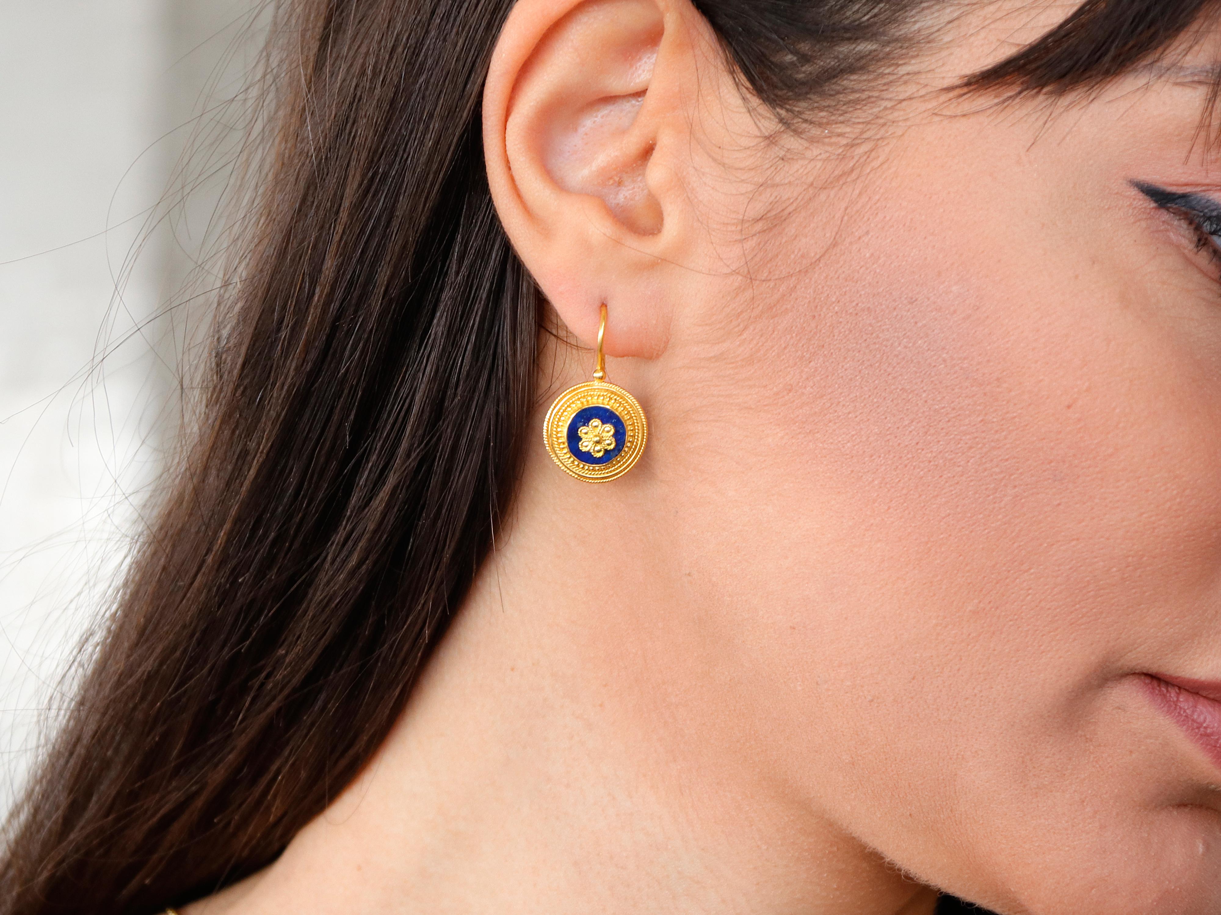 Round Cut Dimos 22k Gold Lapis Lazuli Neoclassic Earrings For Sale