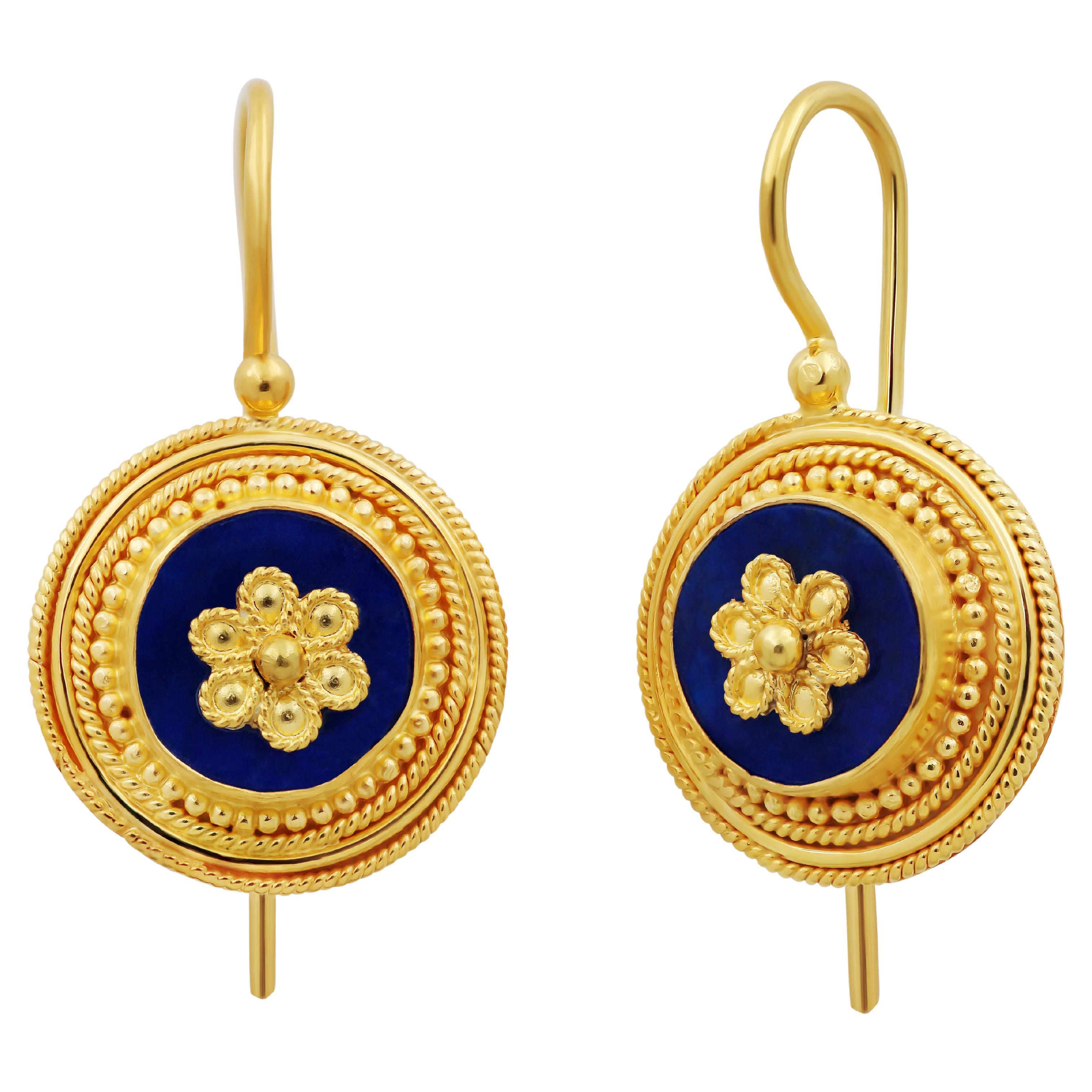 Dimos 22k Gold Lapis Lazuli Neoclassic Earrings For Sale