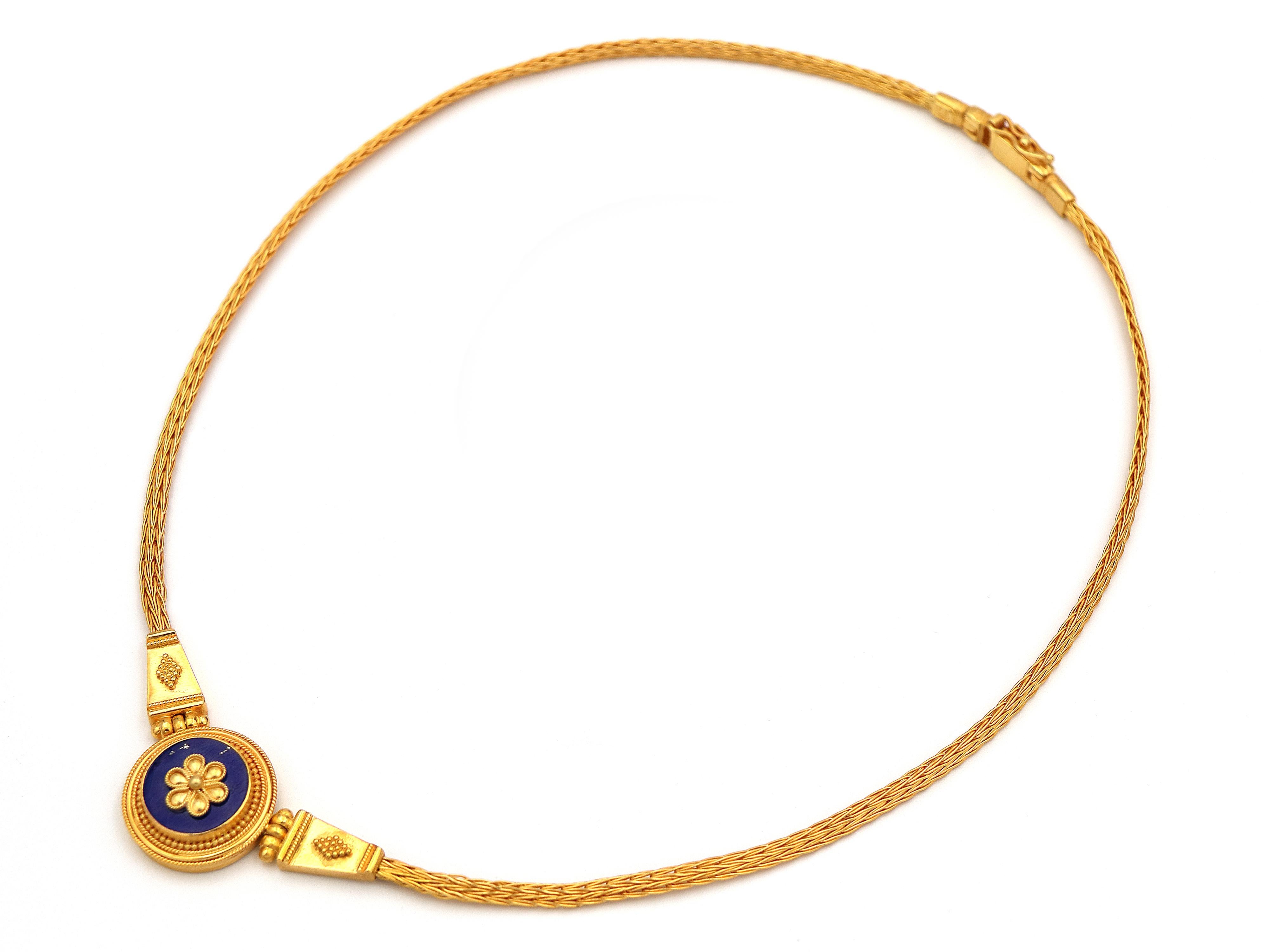 22k gold Kyklos Necklace. This creation is so divine and perfect that we call it Kyklos, circle in En. As perfect and harmonic is a circle is exactly that design. A neoclassical era with several circles of filigree wires granulation and round Lapis