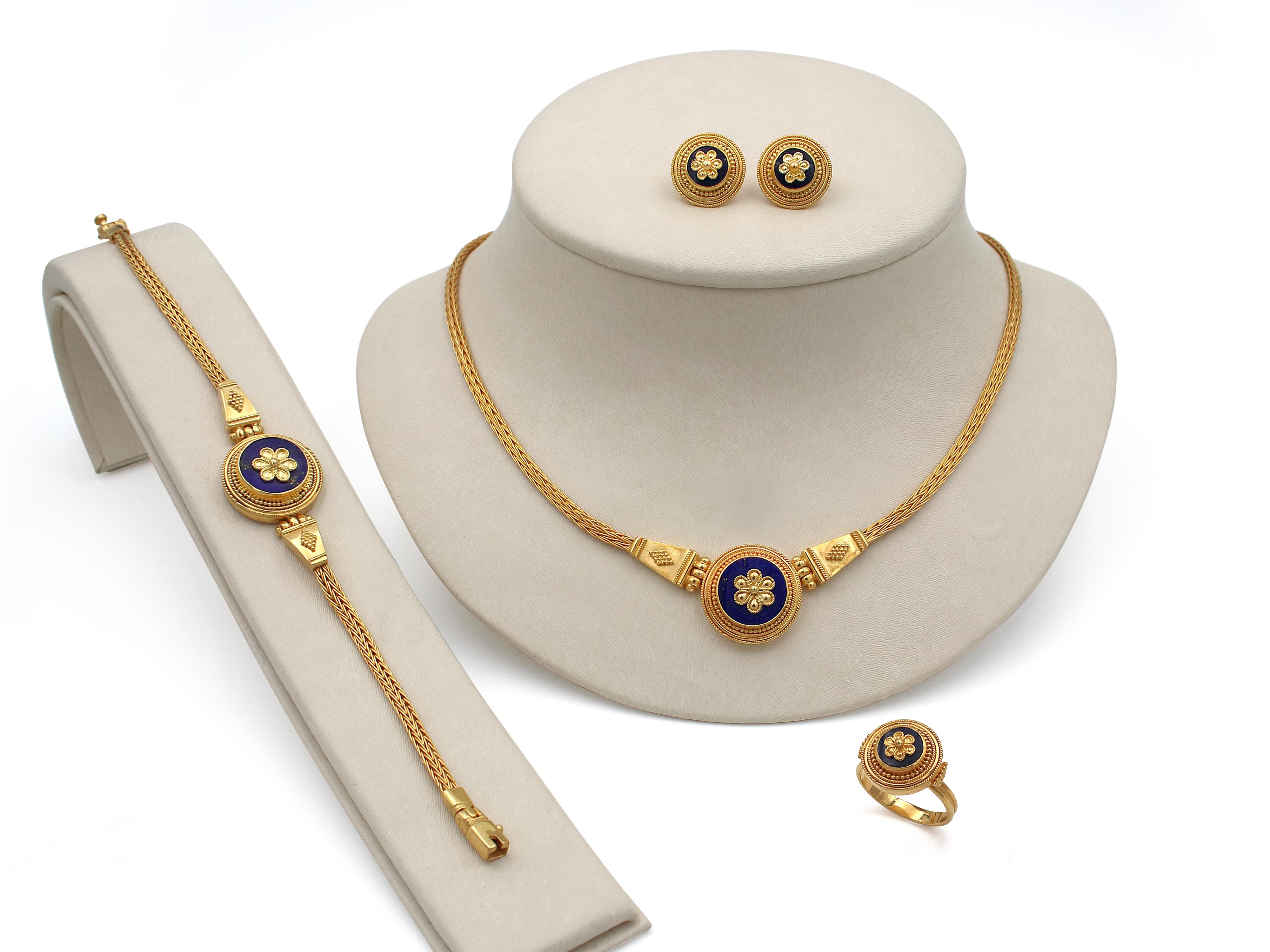 Round Cut Dimos 22k Gold Lapis Lazuli Neoclassic Necklace For Sale