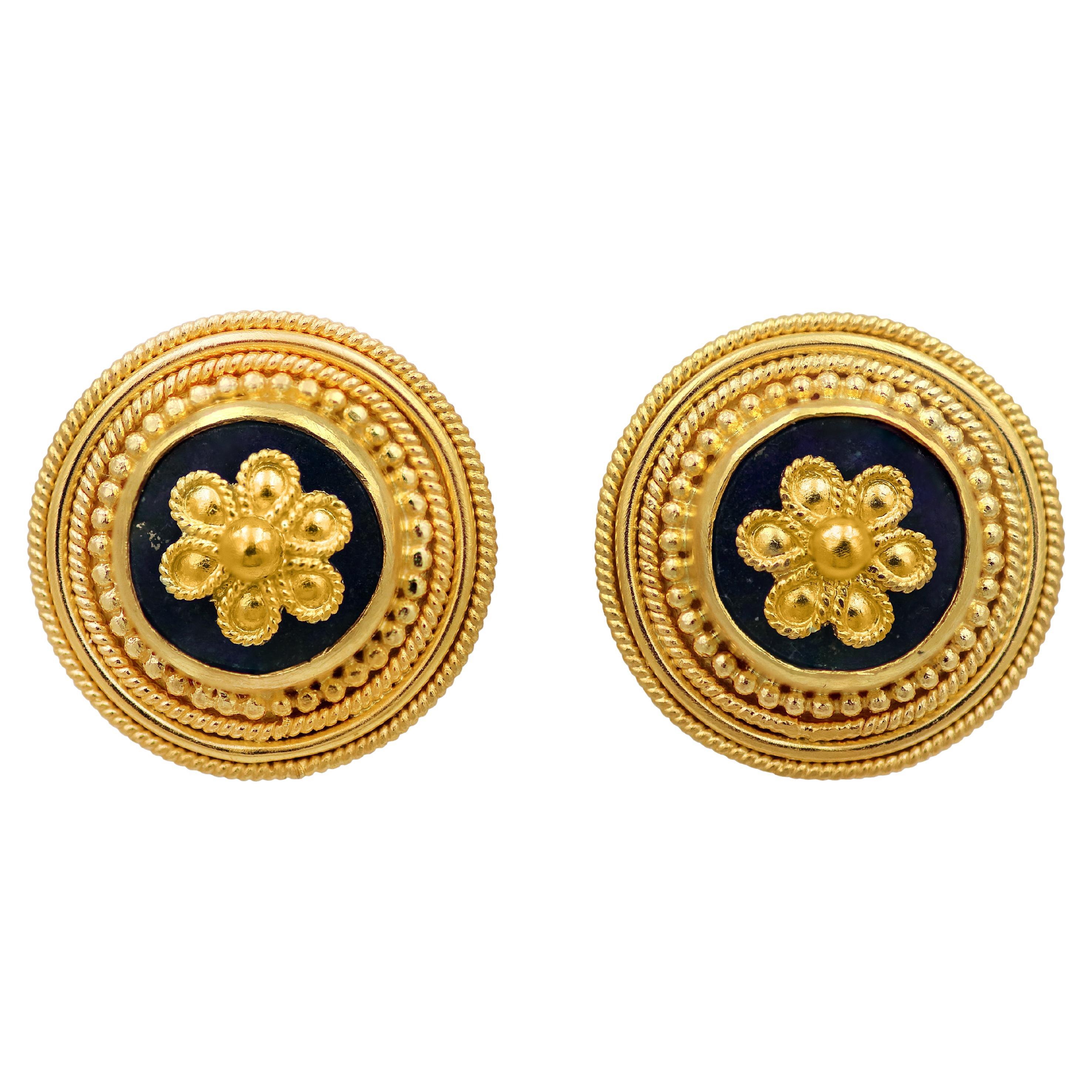 Dimos 22k Gold Lapis Lazuli Neoclassic Stud Earrings For Sale