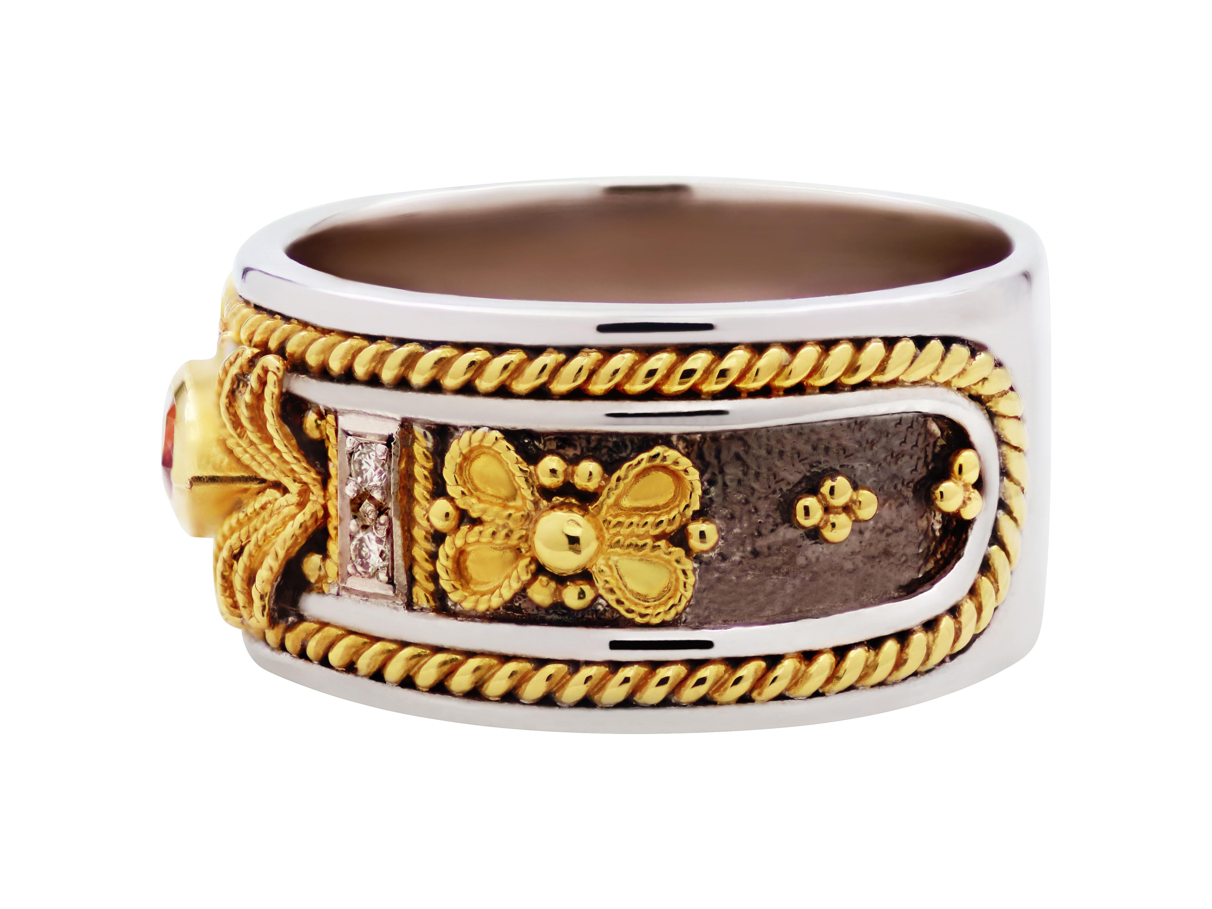 Byzantinischer Ring aus Gold und Silber mit gelbem Topas (Marquiseschliff) im Angebot