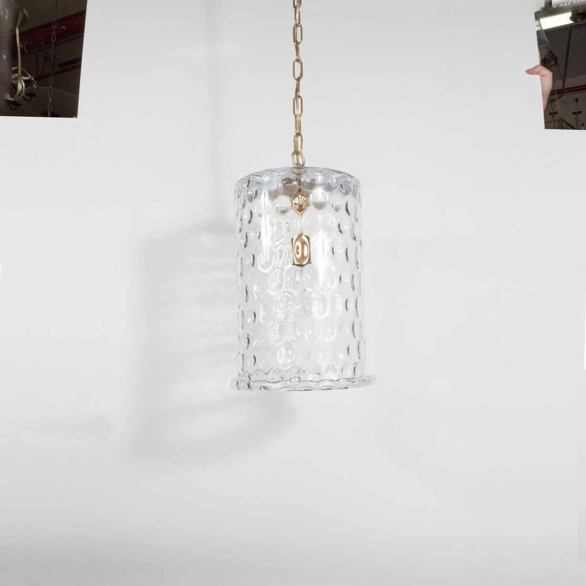 Mid-Century Modern Dimpled Cylindrical Glass Pendant Fixture For Sale