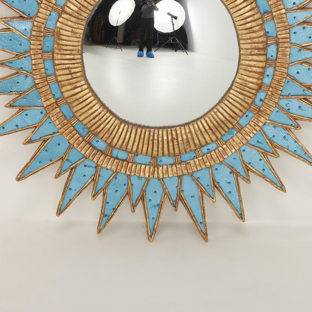 Mid-Century Modern A Dimpled Blue Glass & Resin Convex Sunburst Mirror. For Sale