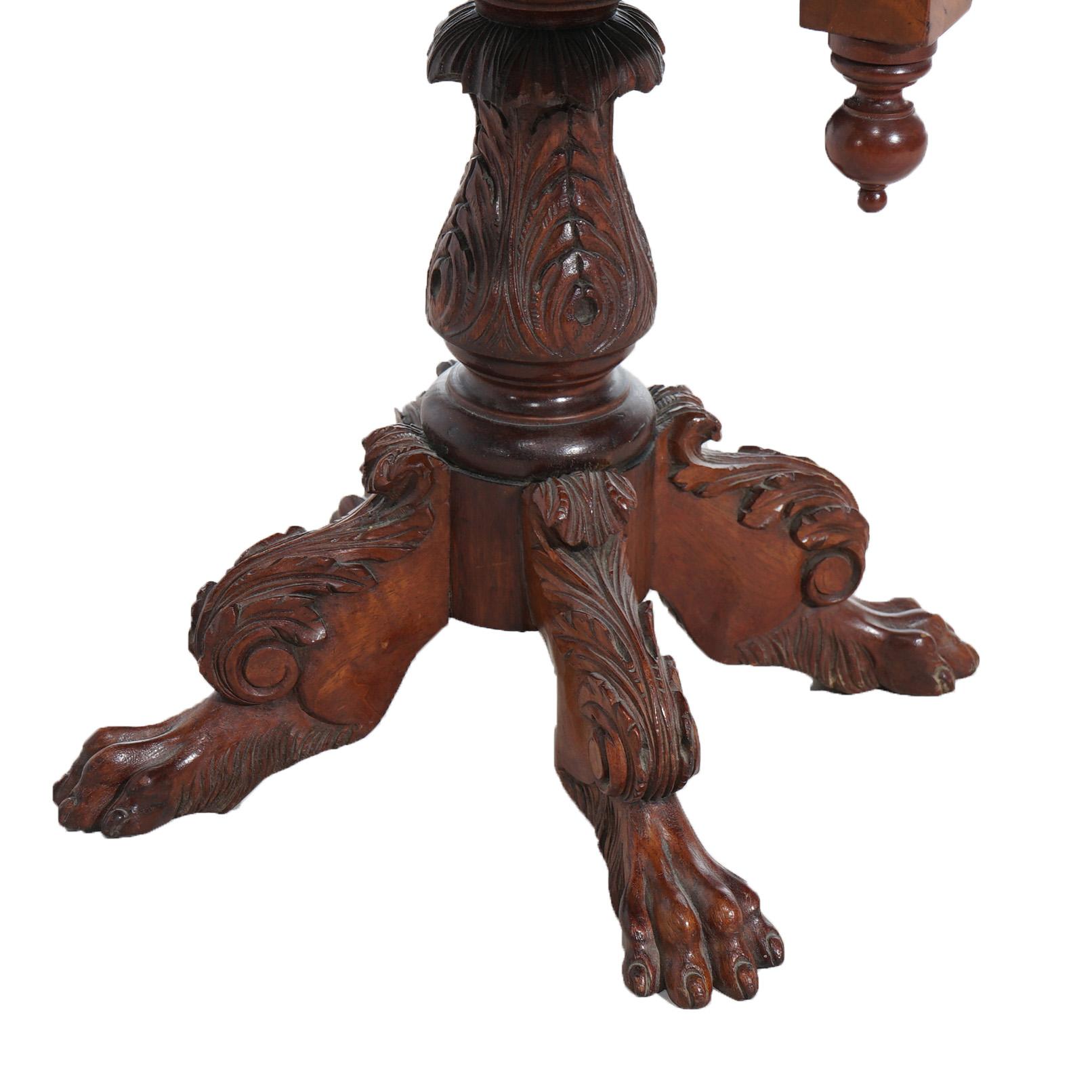 DIMS Antigua mesa de coser de caoba tallada en llama del Imperio Americano c1840 Estadounidense en venta
