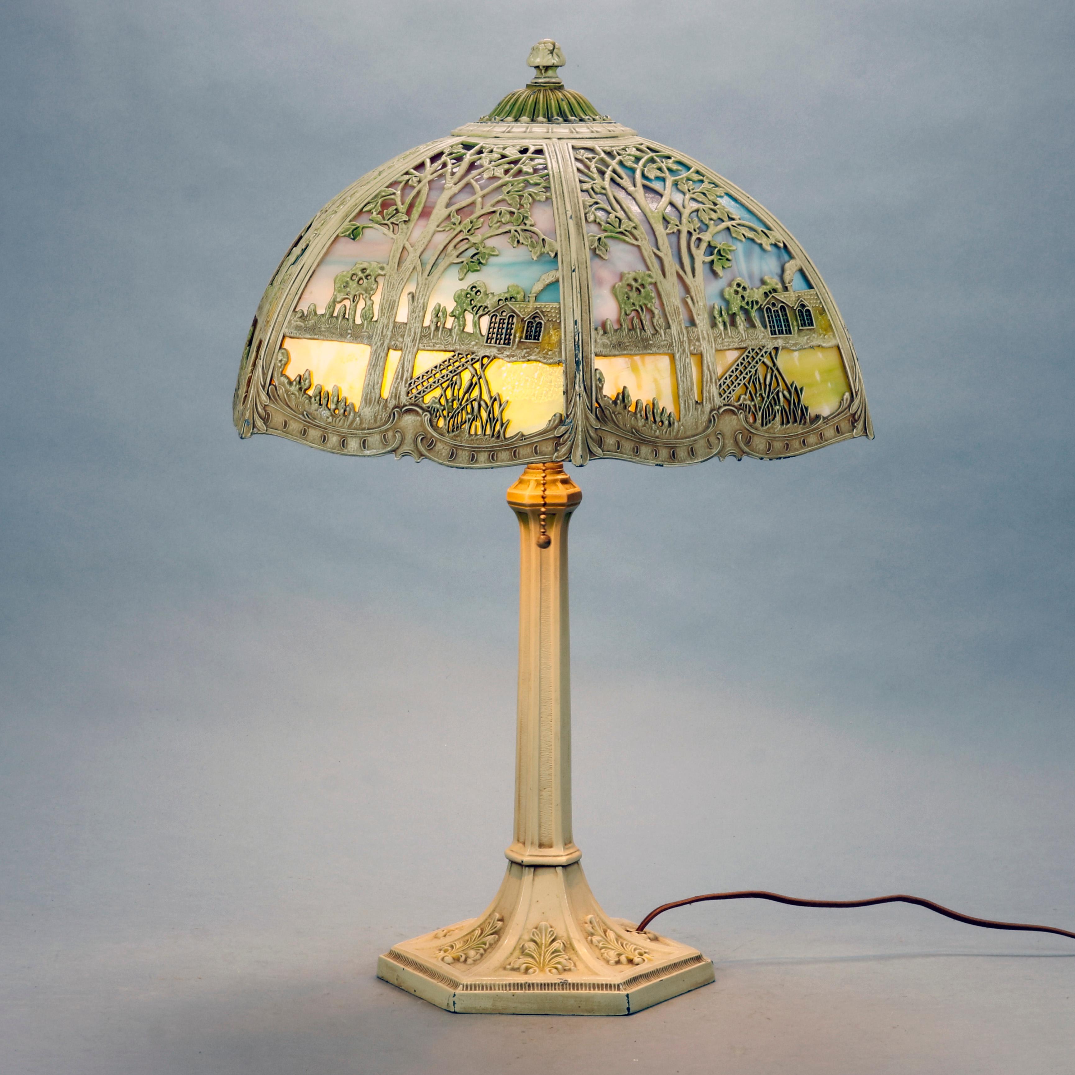 20th Century Antique Arts & Crafts Miller Overlay Landscape Slag Glass Lamp, Circa 1920