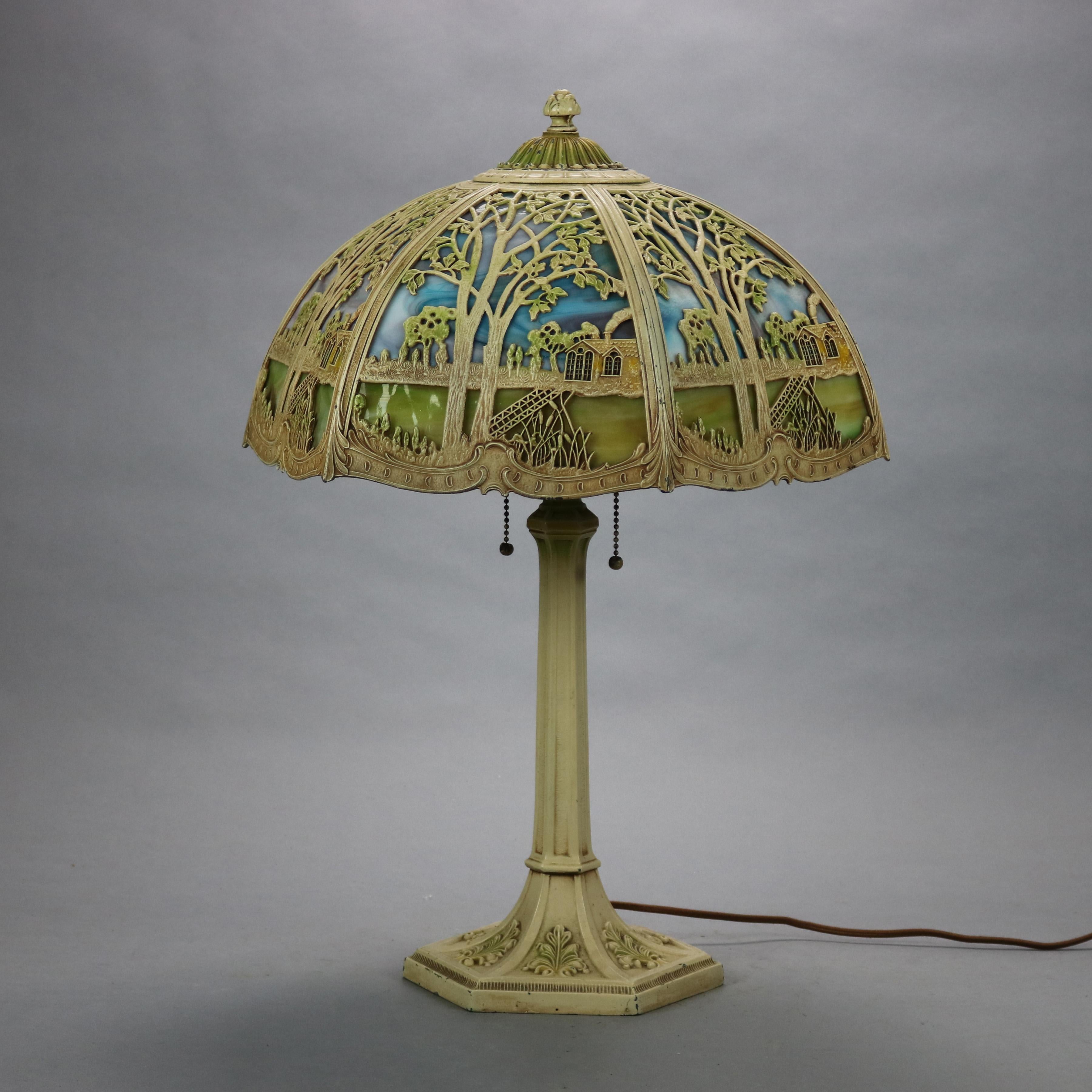 Antique Arts & Crafts Miller Overlay Landscape Slag Glass Lamp, Circa 1920 1