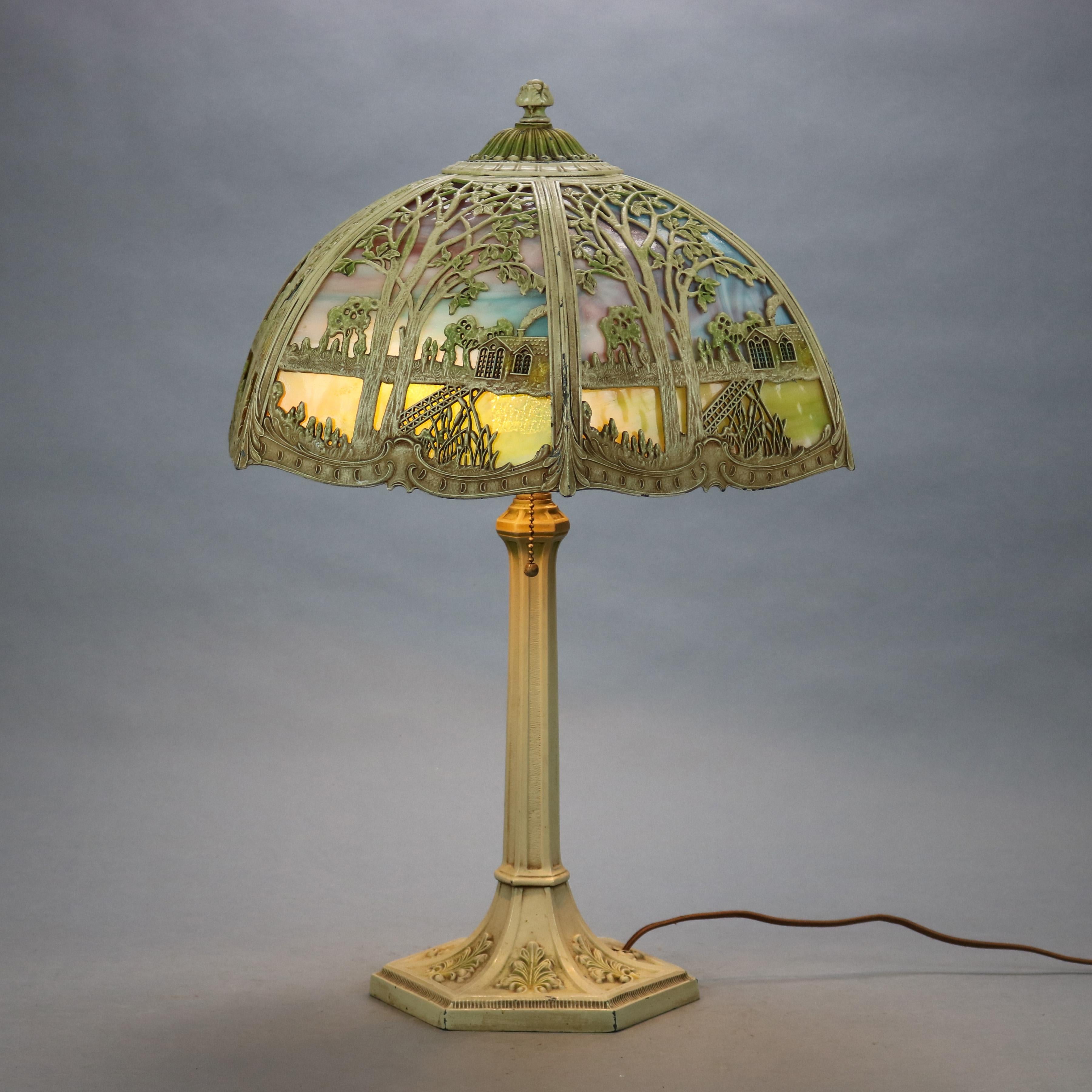 Antique Arts & Crafts Miller Overlay Landscape Slag Glass Lamp, Circa 1920 2