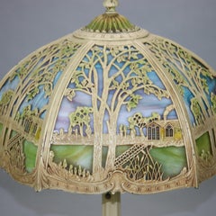 Antique Arts & Crafts Miller Overlay Landscape Slag Glass Lamp, Circa 1920
