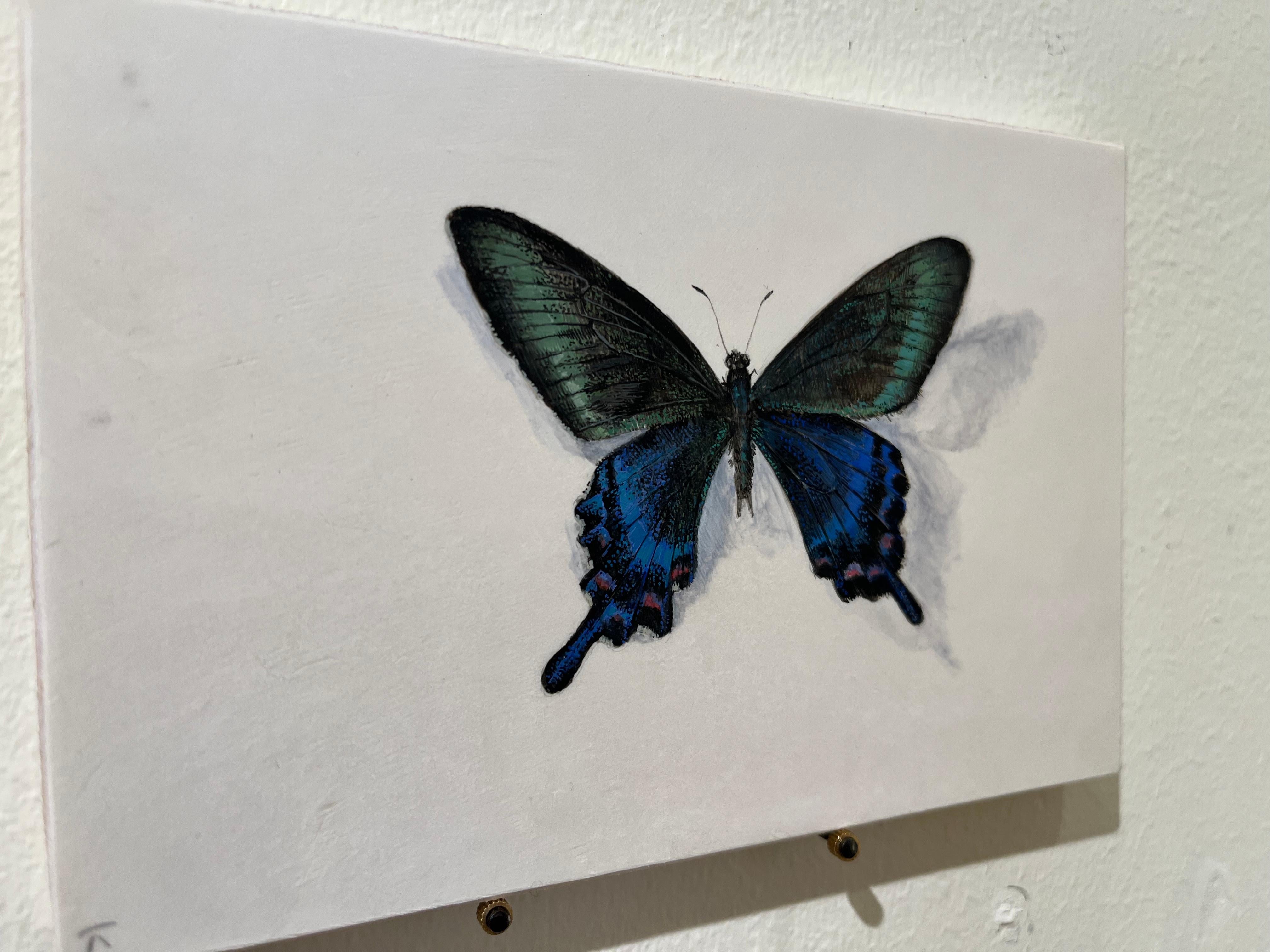 Farfalla, piccolo pannello dipinto di farfalla blu e verde con dettagli intricati - Art di Dina Brodsky
