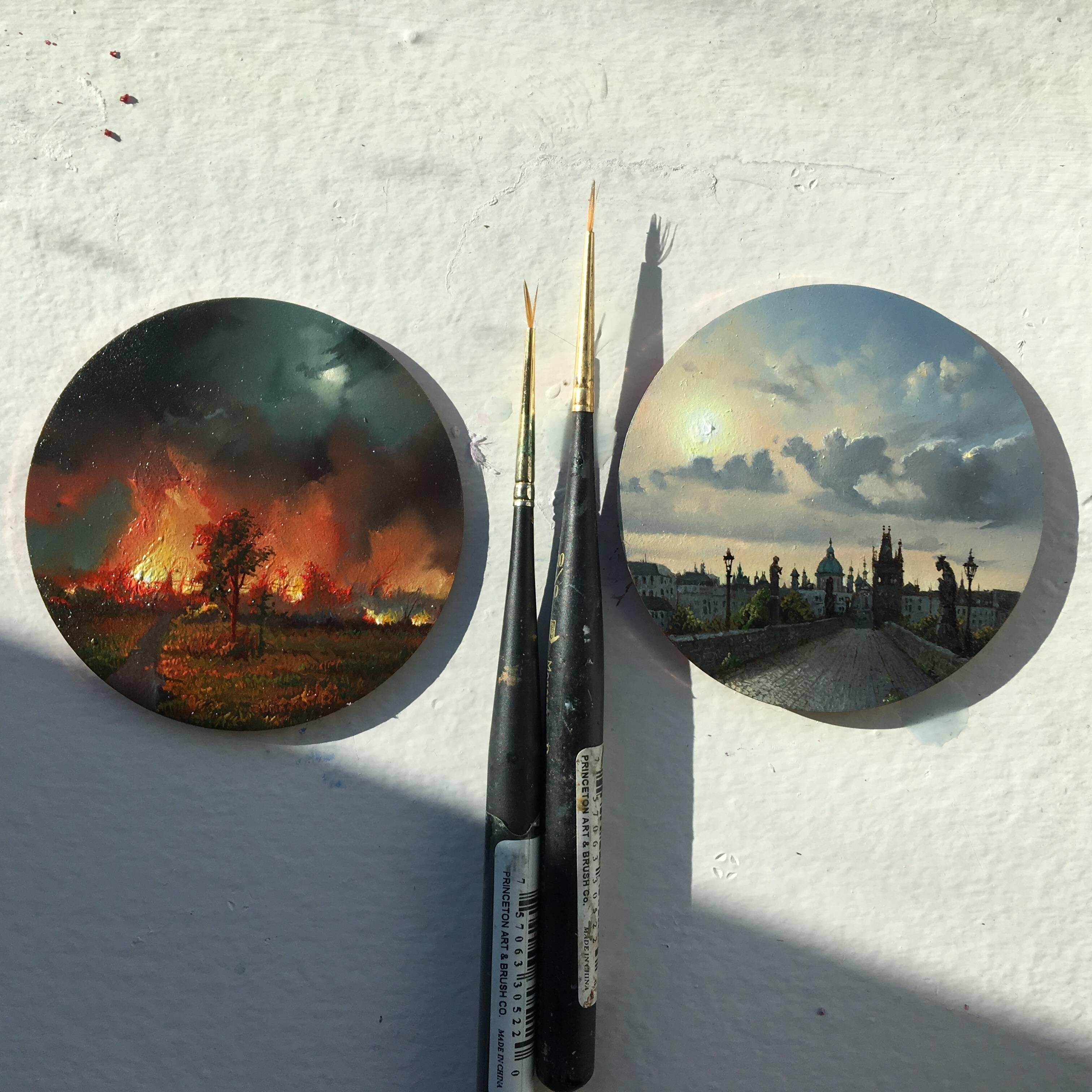 Dina Brodsky, Cityscape, Morning, realist oil on copper miniature tondo, 2018 3