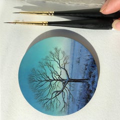 Dina Brodsky, Tree, Blue Winter, realist oil on copper miniature tondo, 2018