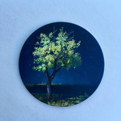 Dina Brodsky, Tree, Mid-Spring, realist oil on copper miniature tondo, 2018
