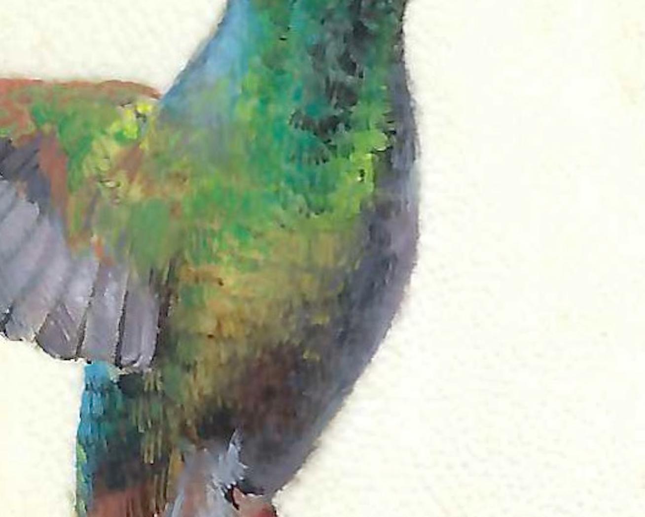 Hummingbird in Flight, farbenfrohes Miniaturistisches realistisches Gemälde auf Pergament (Realismus), Art, von Dina Brodsky
