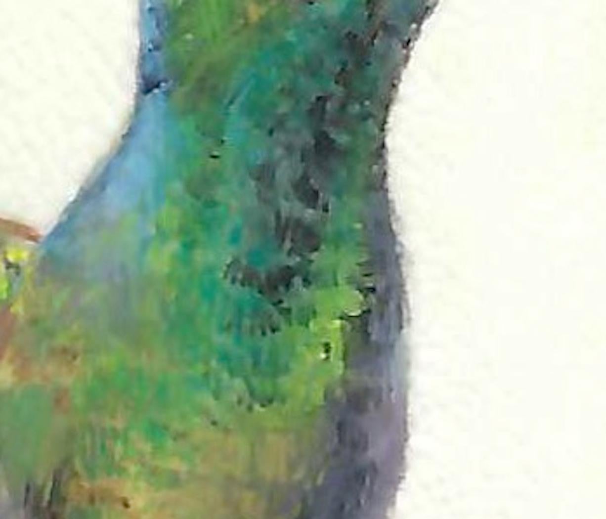 Ein fesselndes Miniaturgemälde der renommierten Künstlerin Dina Brodsky, die für ihre meisterhafte Technik in Gouache und Aquarell bekannt ist. Dieses exquisite Werk, gemalt auf echtem Tierpergament, fängt die zarte Energie eines Kolibris im Flug