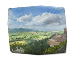 "Landscape Study on Daguerreotype Plate", Oil Painting Italian Countryside Hills