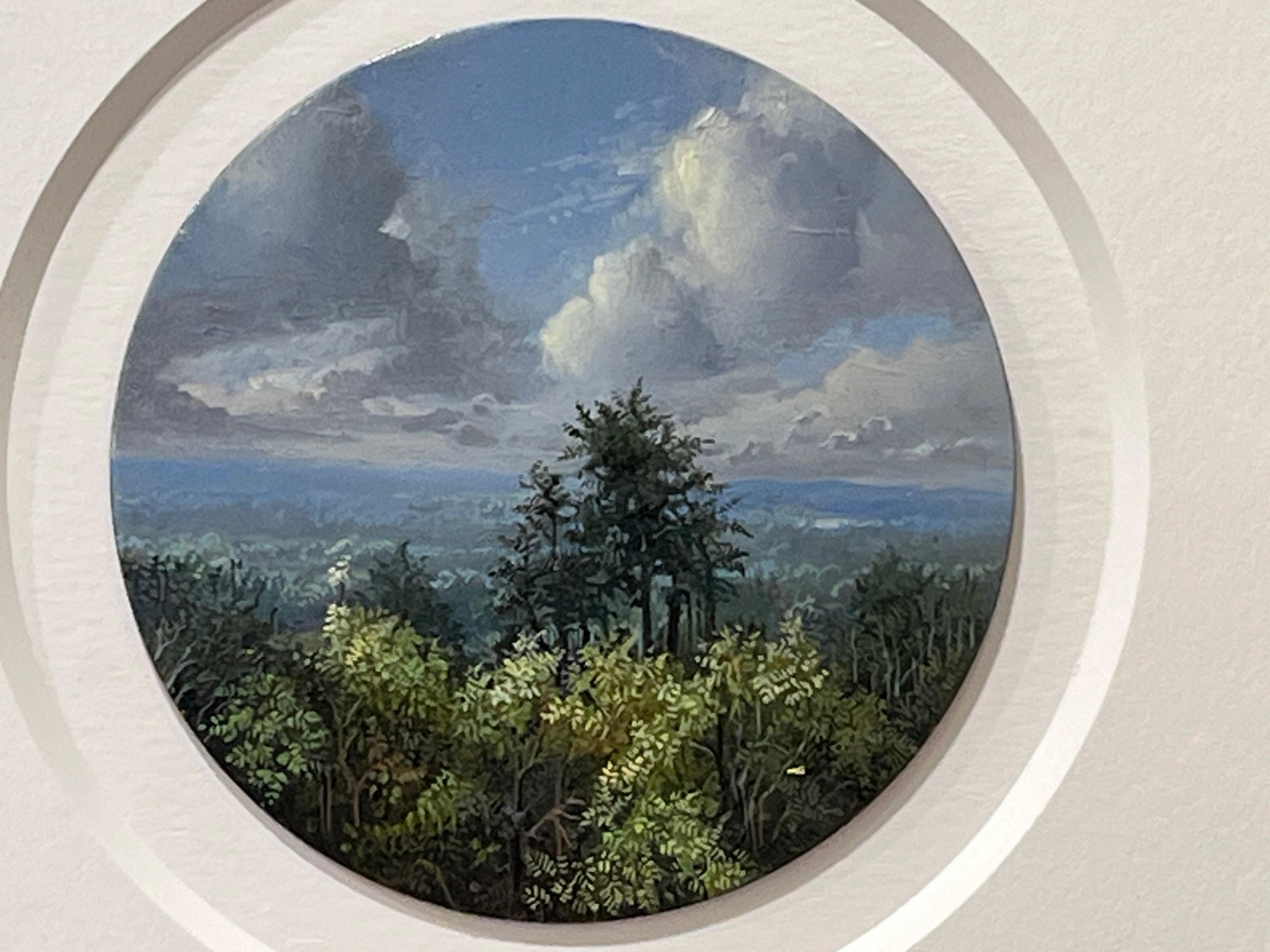 NH Tondo 1, Cloud Study Over Forest, Oil on Copper Landscape, 3.5 Diam, 11x11 fr