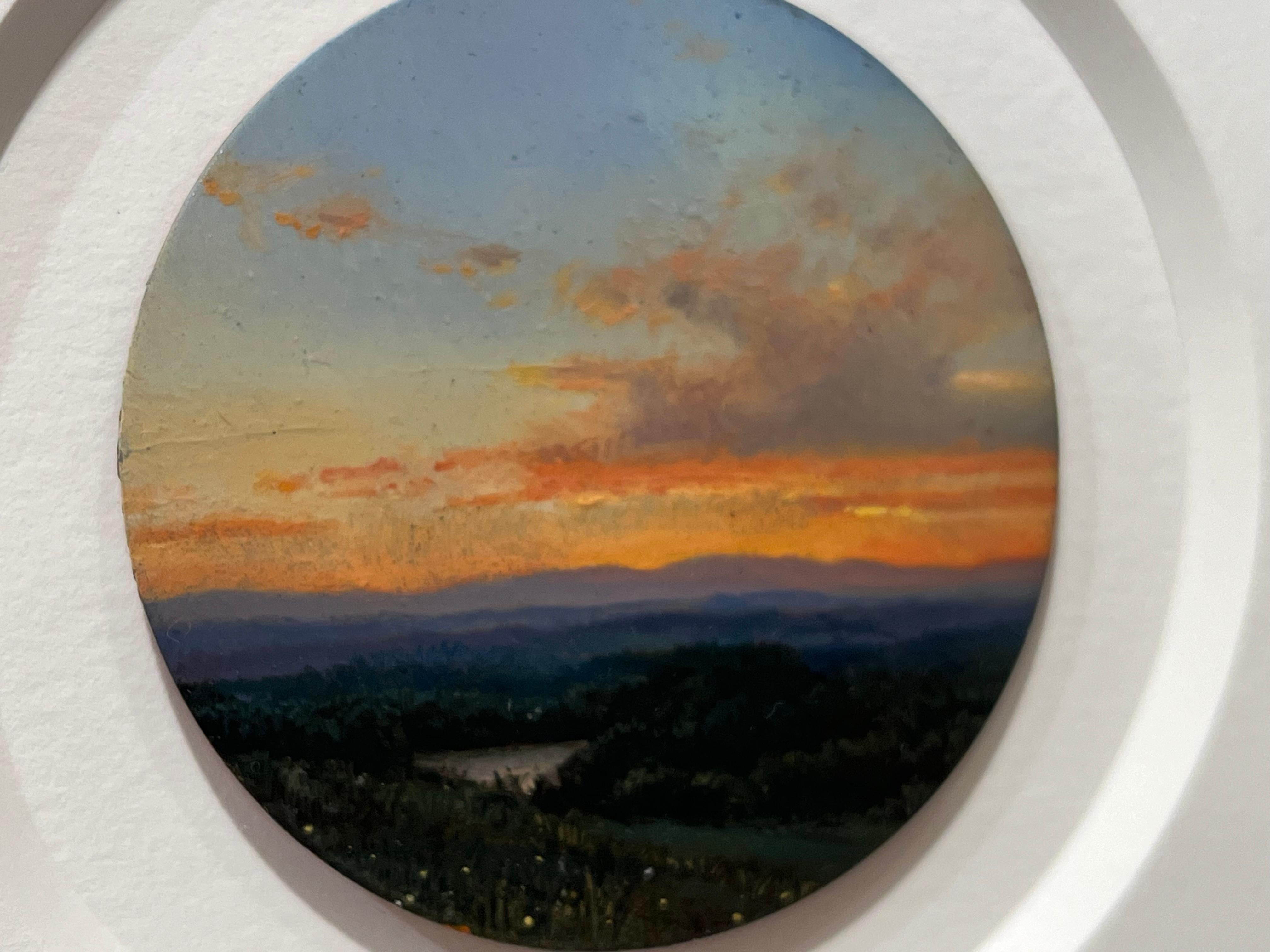 Sunset, Miniature Realist Landscape Tondo, 2.5" Diameter, 11x11" Framed
