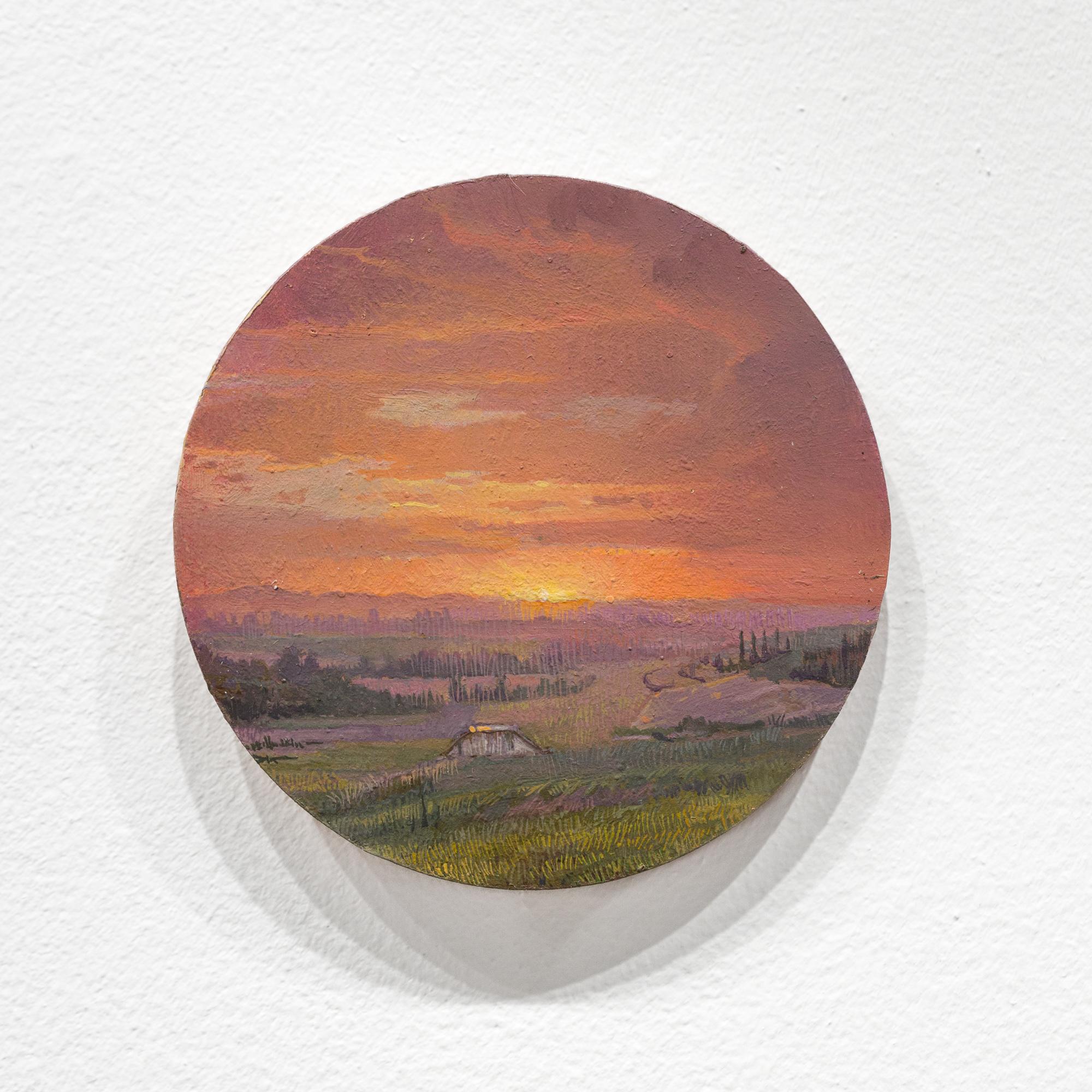 "Coucher de soleil en Toscane" Peinture à l'huile Tondo d'un paysage en Italie - Painting de Dina Brodsky