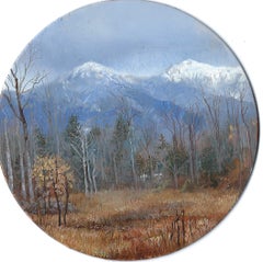 White Mountains NH Landscape Tondo Miniature Painting, 3.5 Inch Diameter