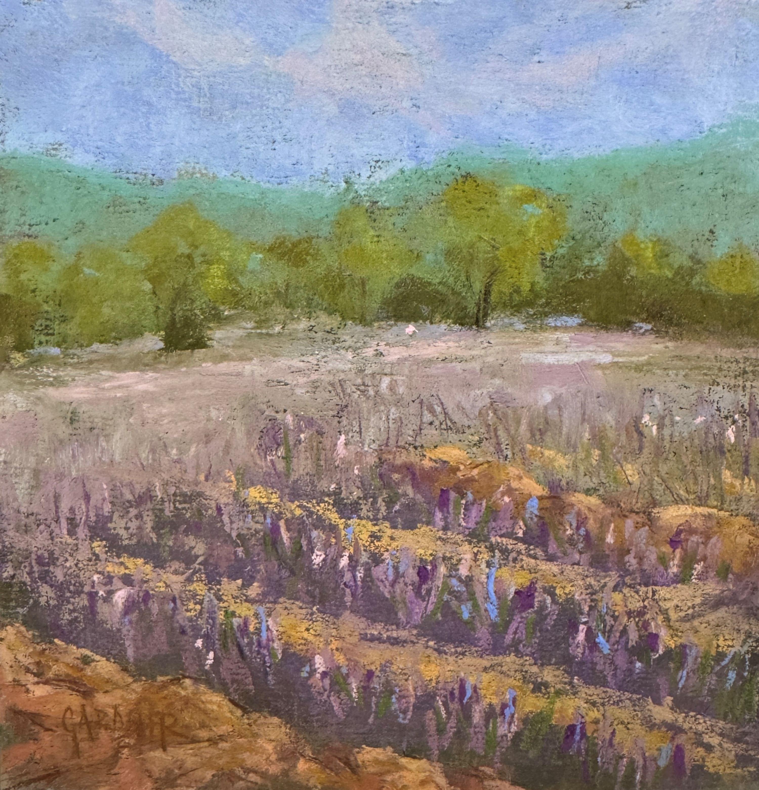 Landscape Painting di Dina Gardner - Un po' di lavanda - Pittura impressionista a pastello su un campo di lavanda