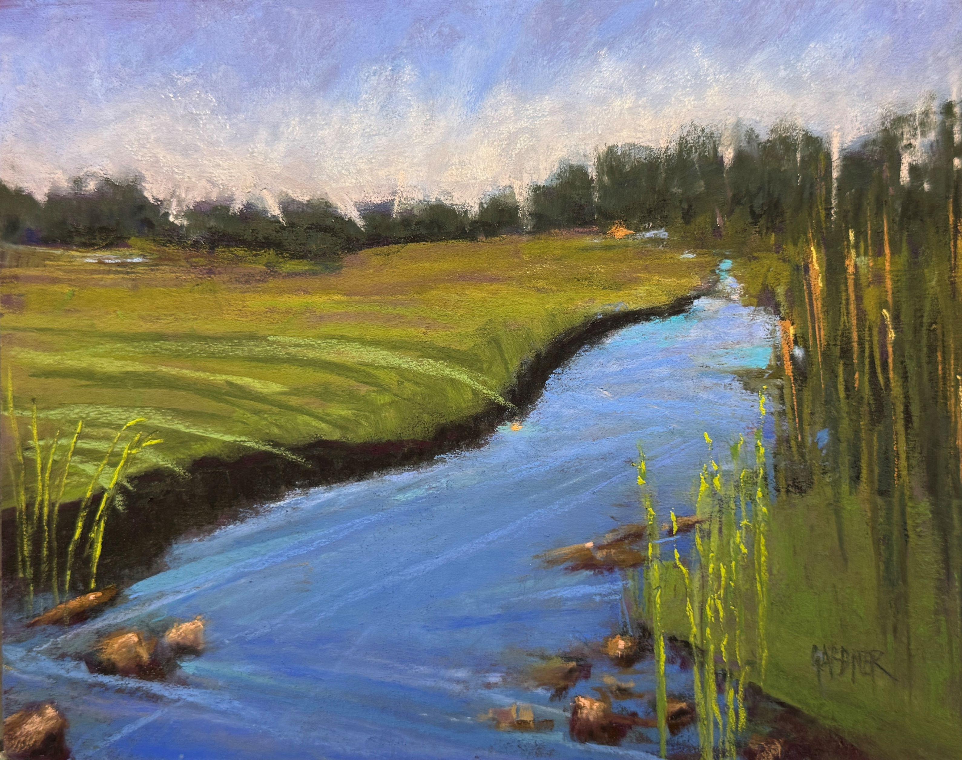 Landscape Painting Dina Gardner - Le soir approche - peinture au pastel d'un paysage de marais au coucher du soleil