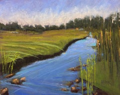 Le soir approche - peinture au pastel d'un paysage de marais au coucher du soleil