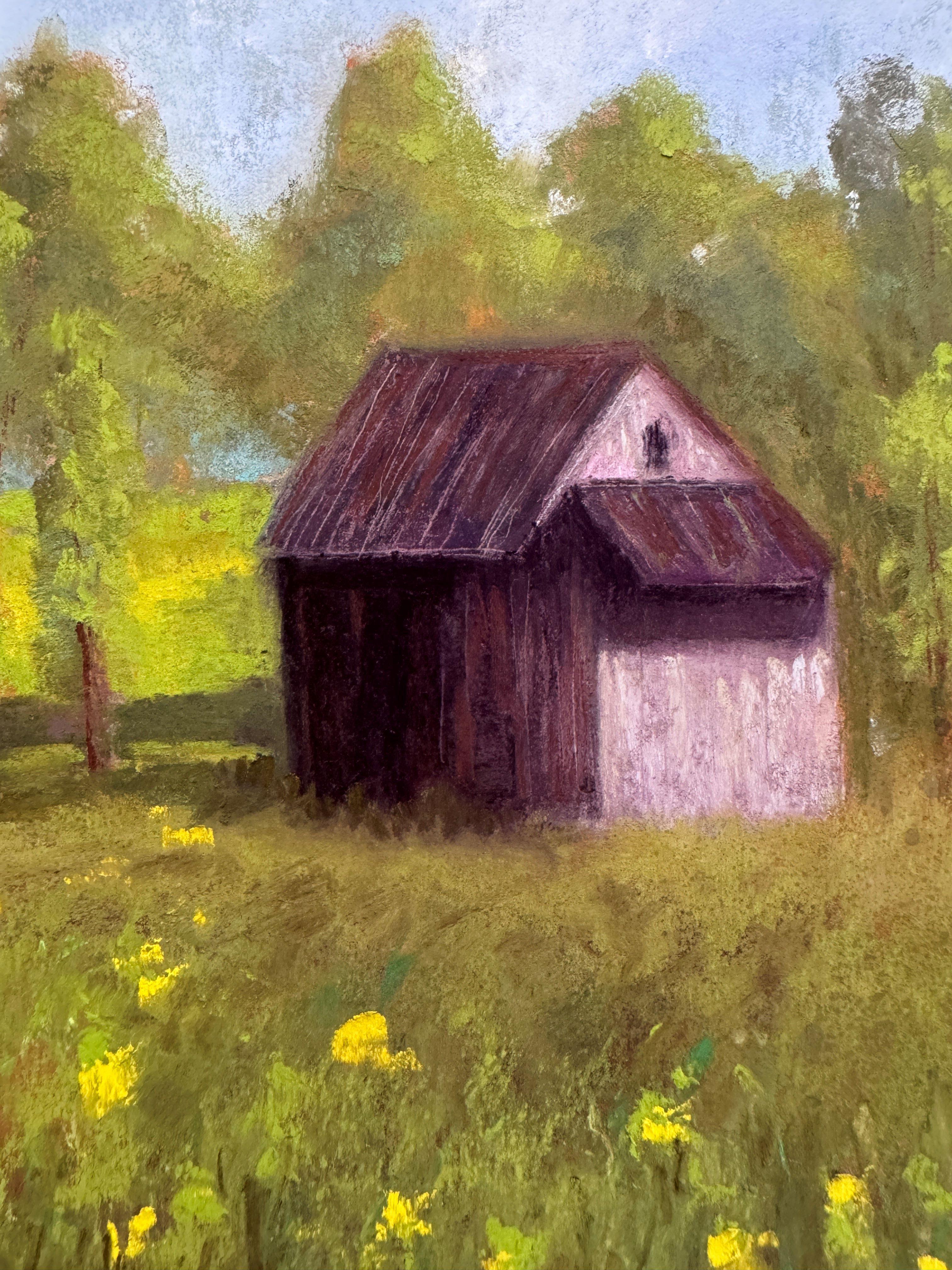 Barn In The Meadow - Impressionist Croatian Barn Pastel Painting For Sale 1