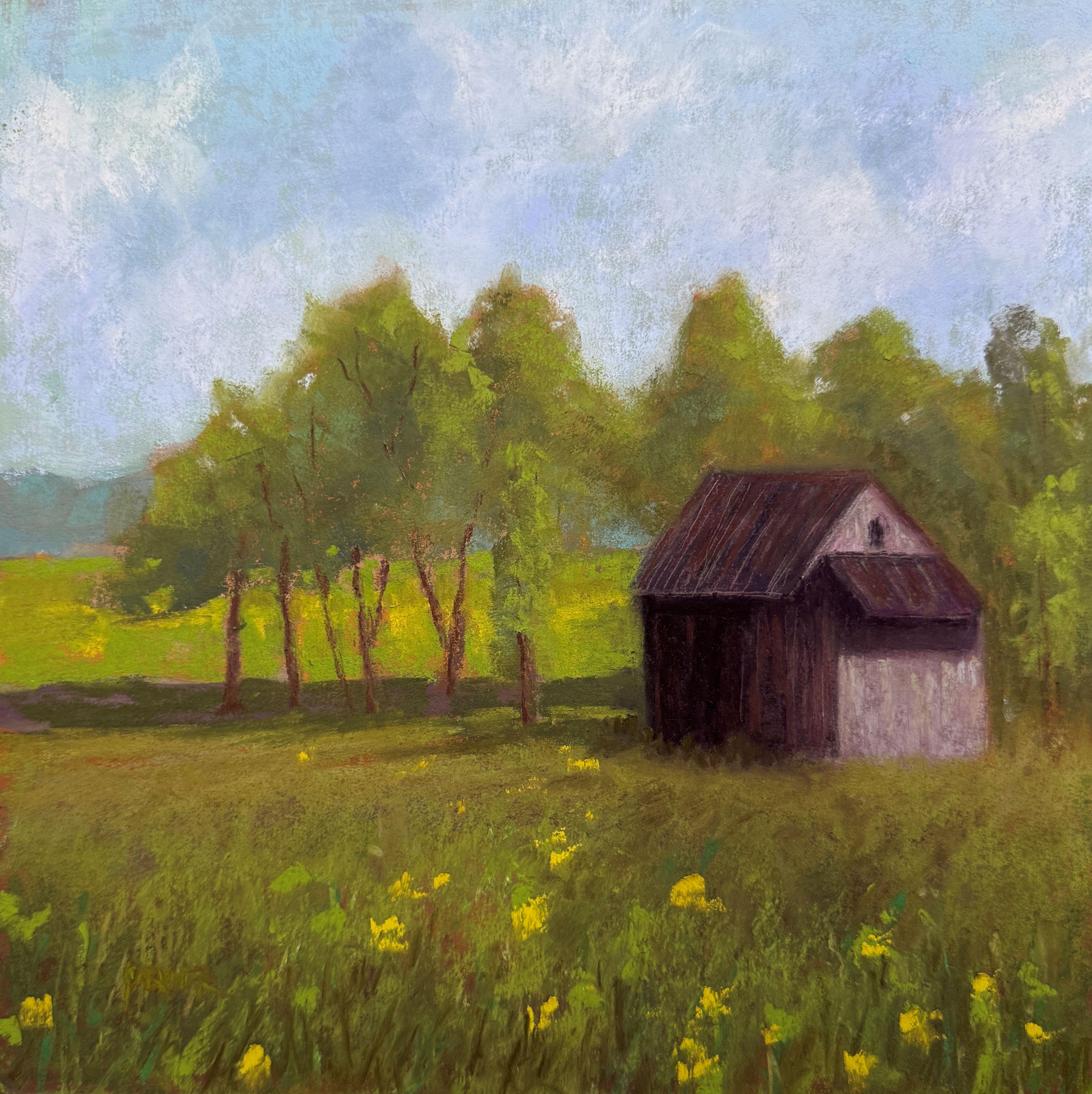 Dina Gardner Landscape Painting - Barn In The Meadow - Impressionist Croatian Barn Pastel Painting
