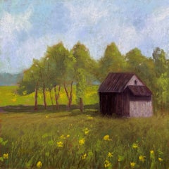 Barn In The Meadow – Impressionistisches Croatian Barn-Gemälde in Pastell, Kroatien