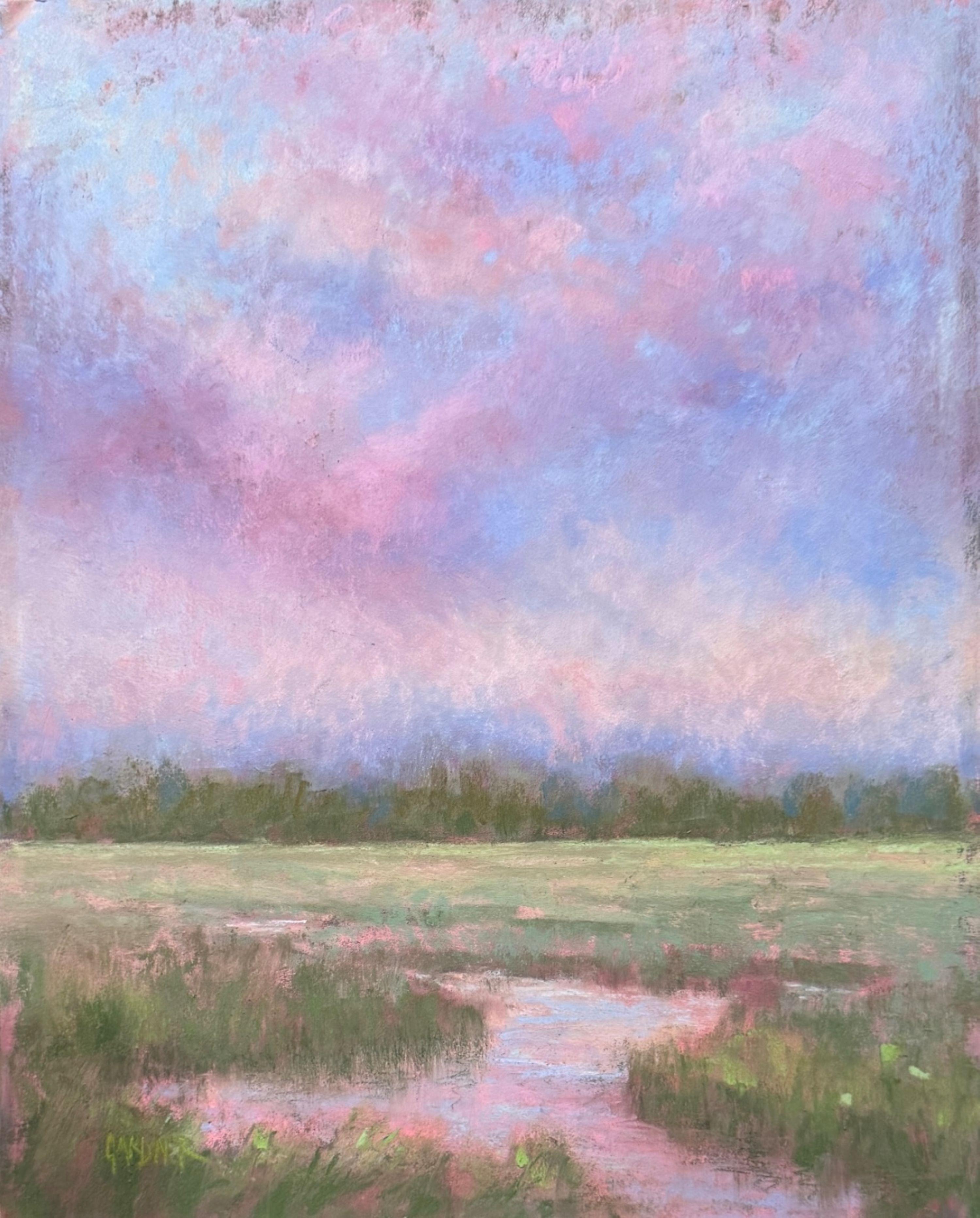 Beginnings of a Bluebird Day 
8.0 x 10.0 x 0.1, 1.0 lbs 
Pastel on archival paper
Hand signed by artist 

Artist's Commentary: 
"I love catching a morning sunrise with all the pink values the sky presents. Although I’ve seen this image live many,