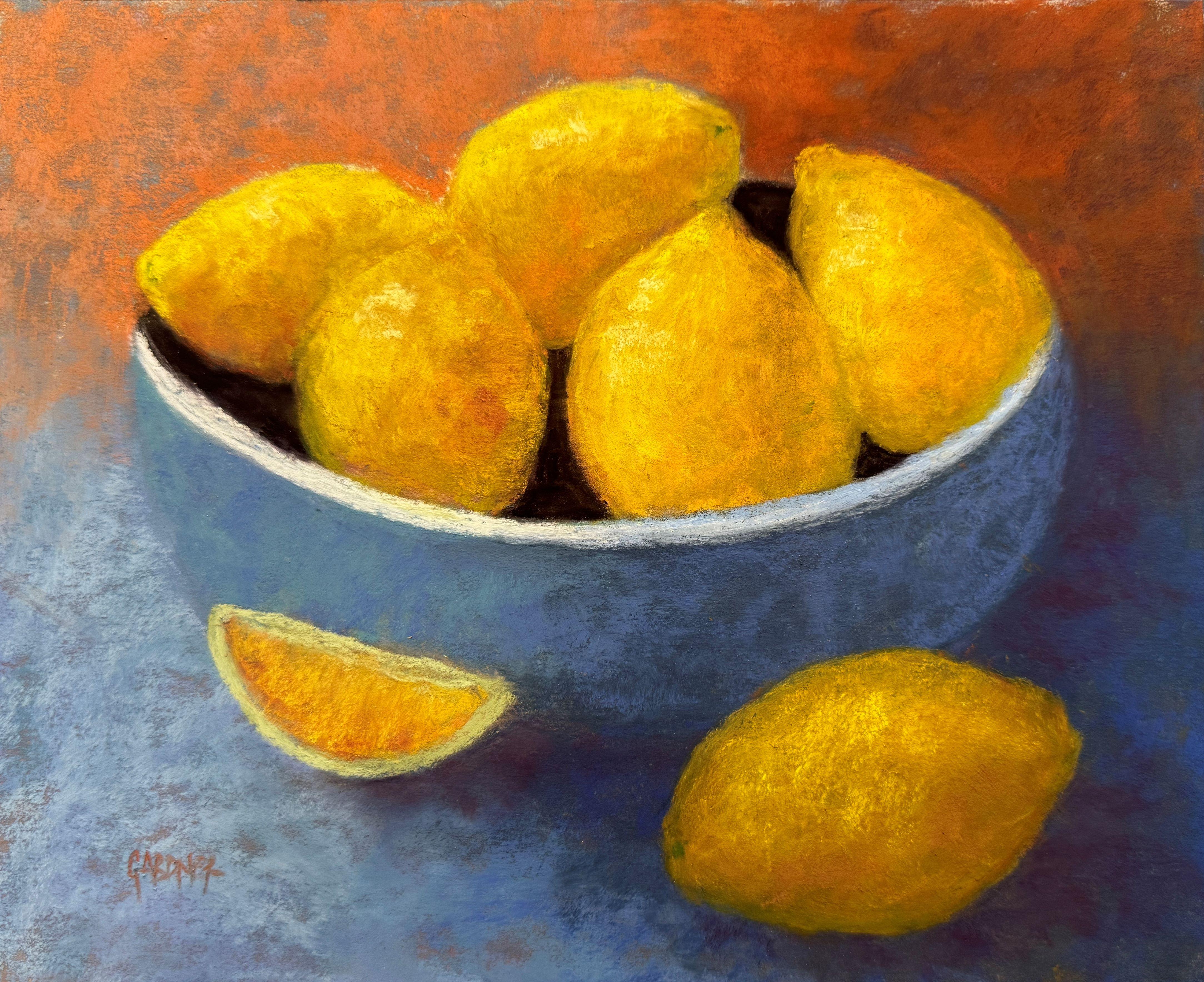 Dina Gardner Still-Life Painting - Blue Bowl with Lemons - Impressionist Pastel Still Life Painting 