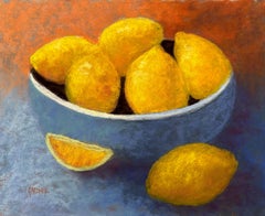 Used Blue Bowl with Lemons - Impressionist Pastel Still Life Painting 