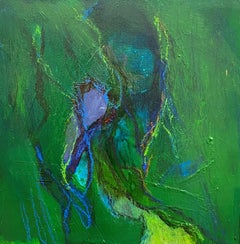 Drifting, Original Contemporary Green Abstract Square Painting on Panel