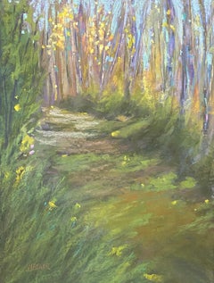 Début de l'automne en Nouvelle-Angleterre - Peinture impressionniste au pastel d'un sentier d'automne dans les bois