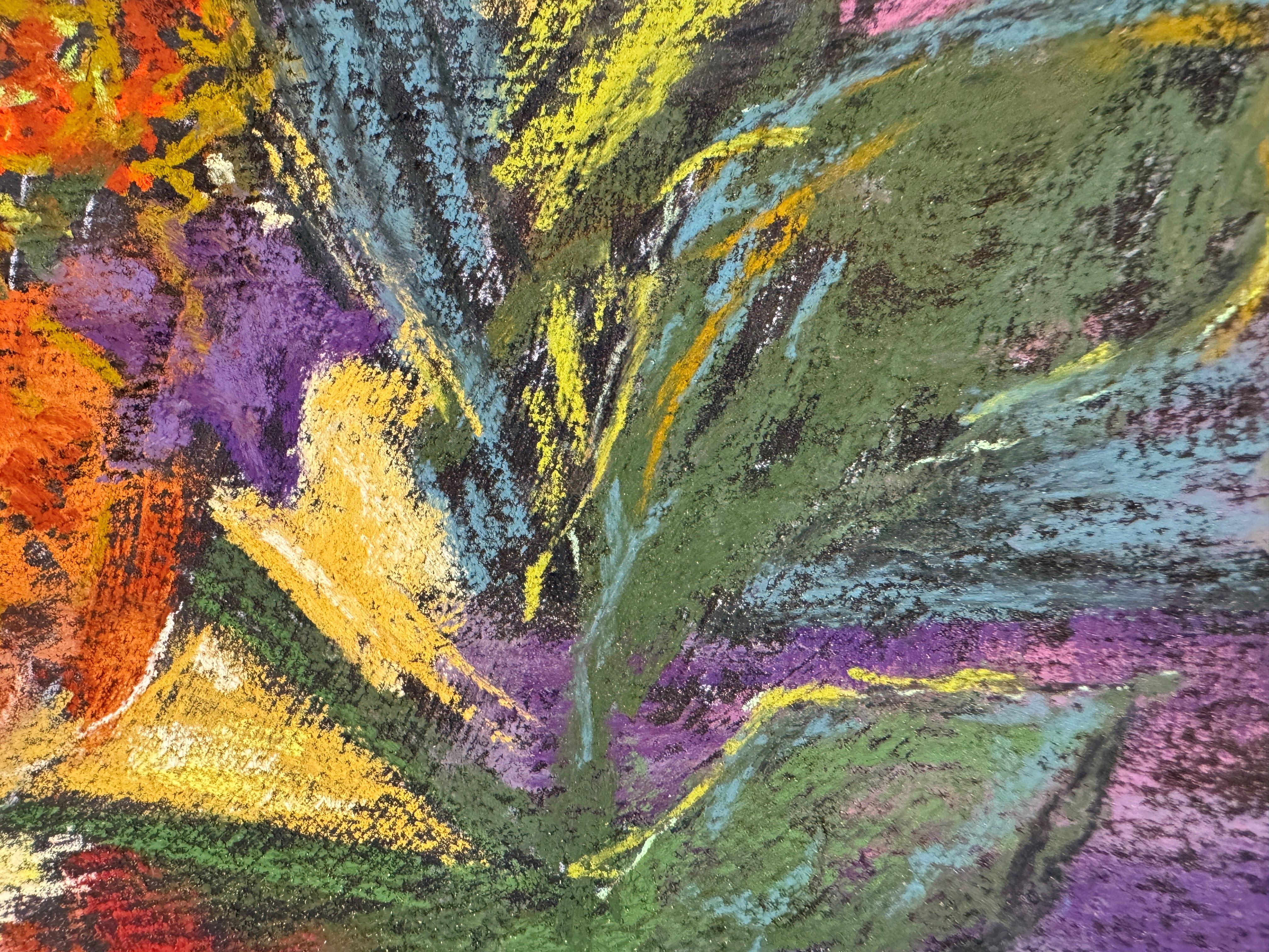 Fall Flowers - Bright Pastel Flower Painting - Gray Still-Life Painting by Dina Gardner