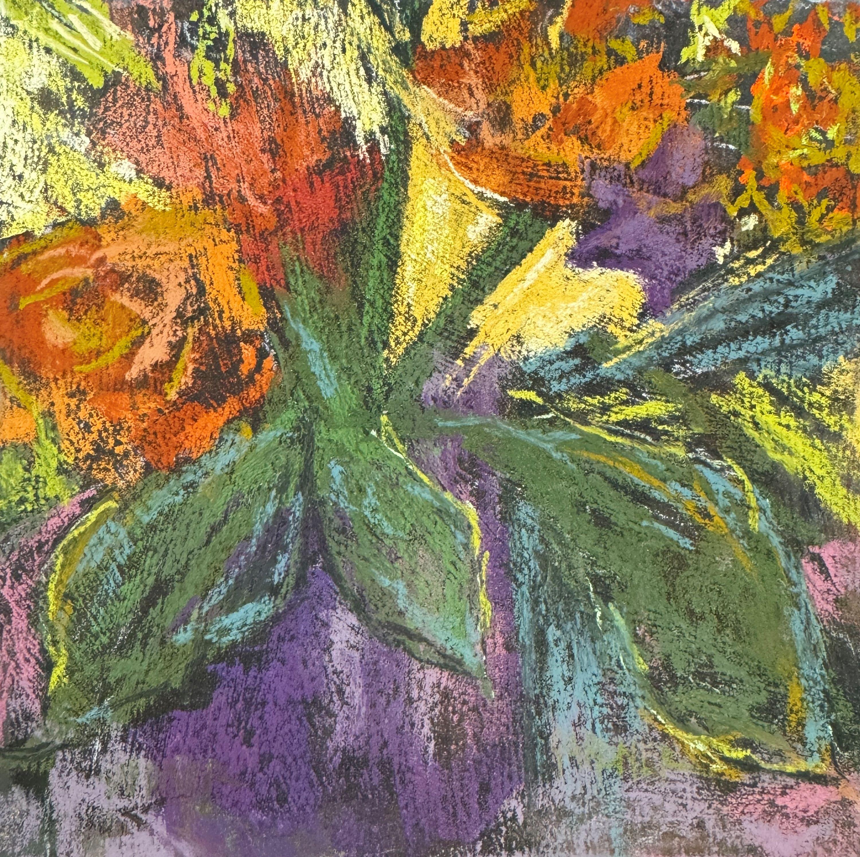 Dina Gardner Still-Life Painting - Fall Flowers - Bright Pastel Flower Painting