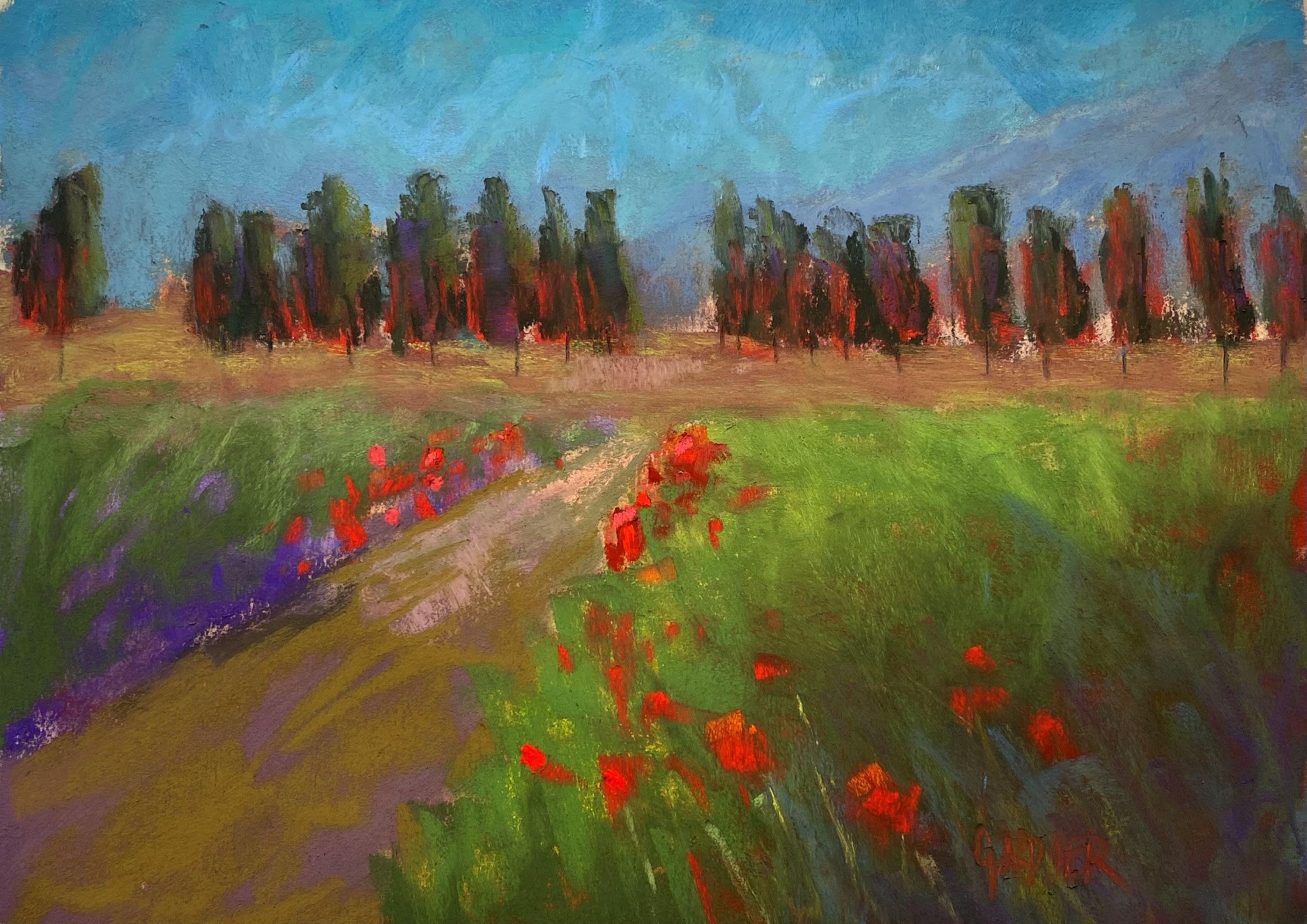 Dina Gardner Landscape Painting – Gossip Girls - Europäische Landschaft, Pastellgemälde