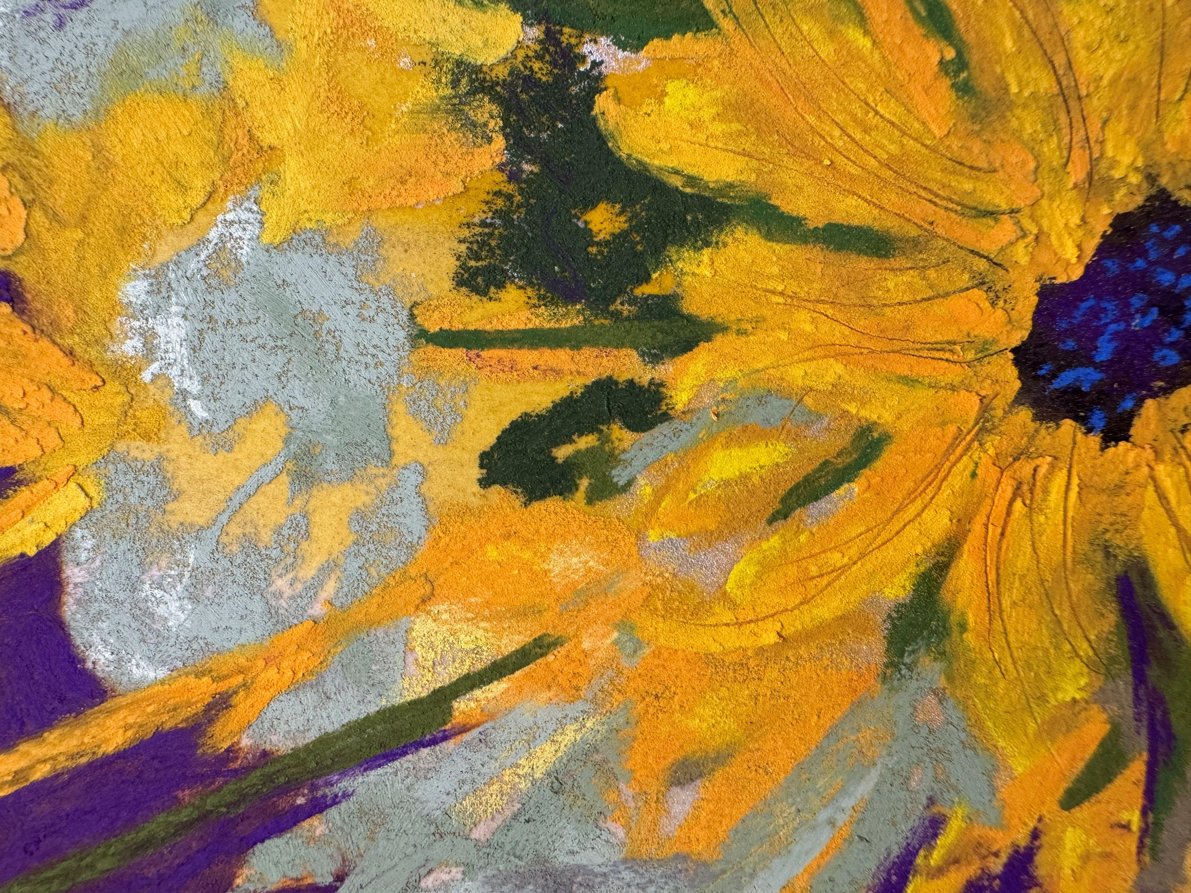 Feliz - Pintura original al pastel de flores amarillas en venta 1
