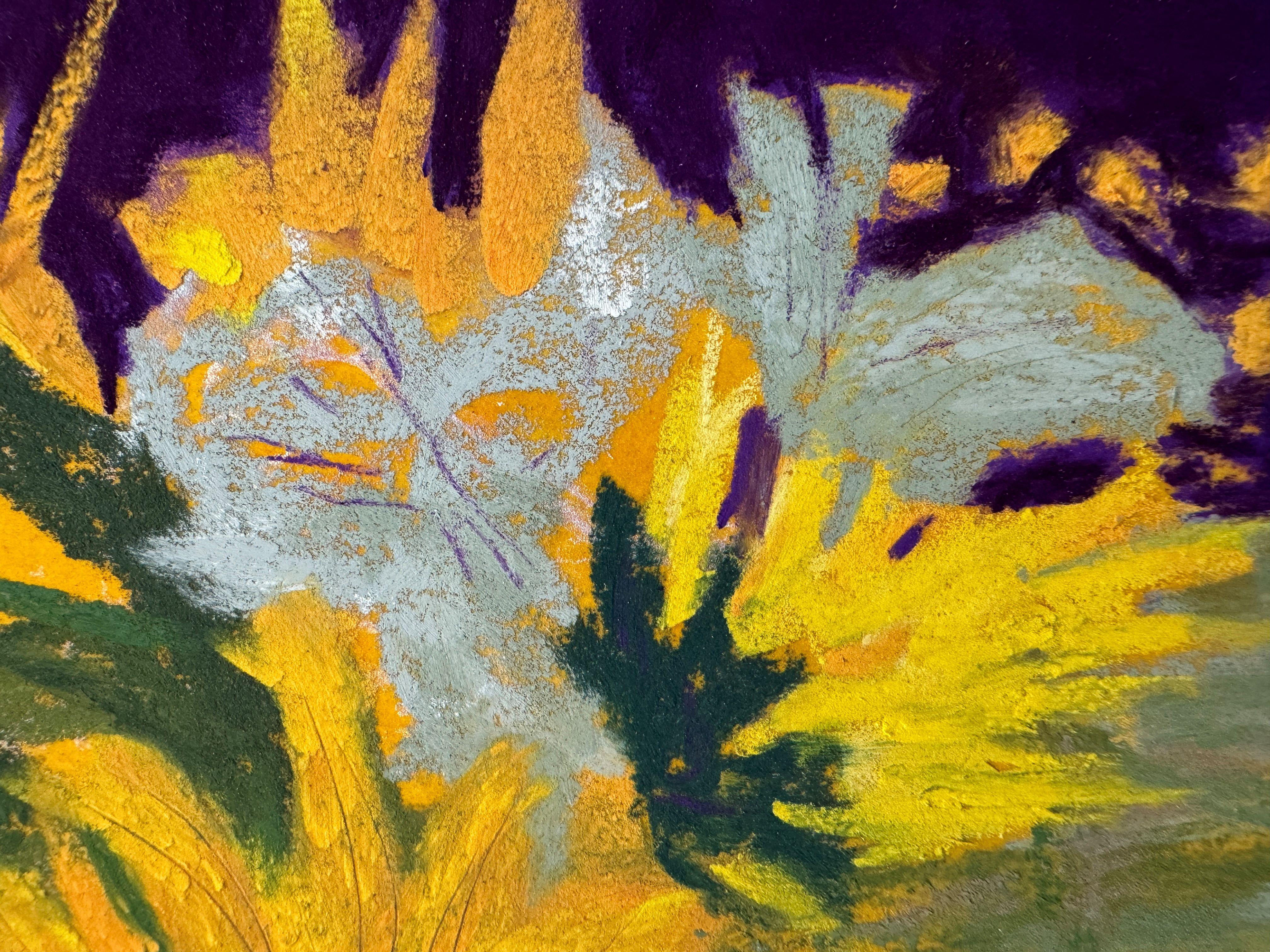 Feliz - Pintura original al pastel de flores amarillas en venta 2