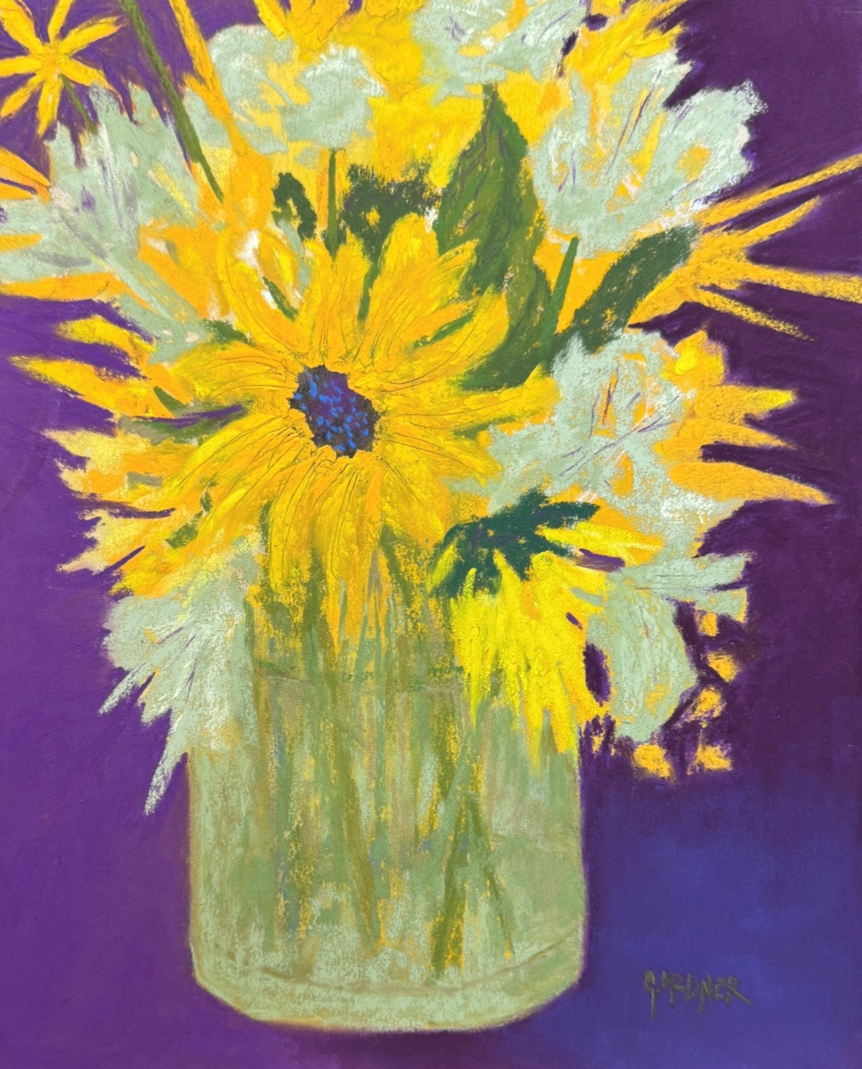 Feliz - Pintura original al pastel de flores amarillas - Painting de Dina Gardner
