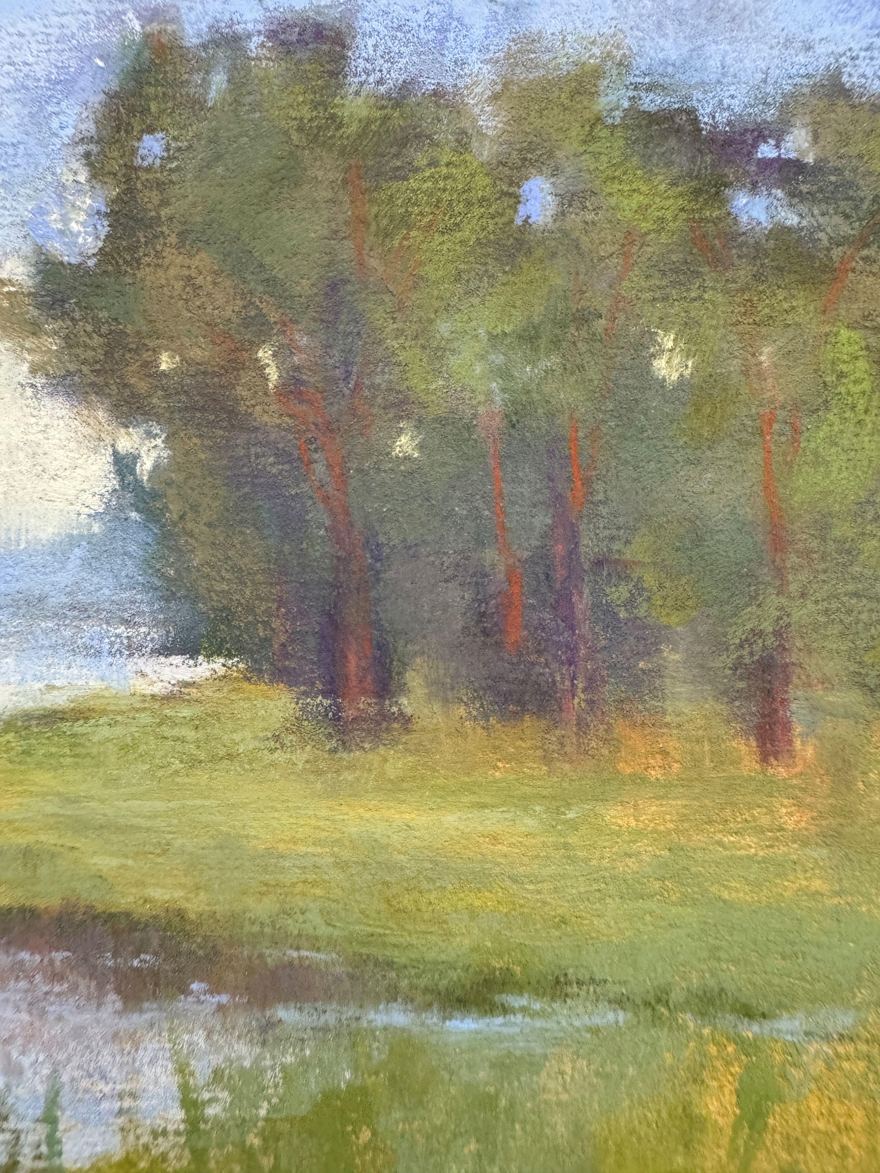 Lazy River - Impressionist Pastel Marsh Landscape Painting in vendita 1