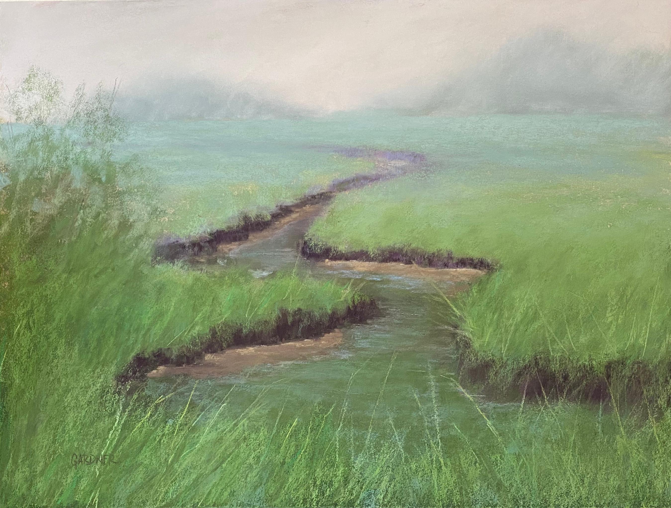 Dina Gardner Landscape Painting - Mist Over The Marsh, Original Impressionist Landscape Pastel Painting, 2021