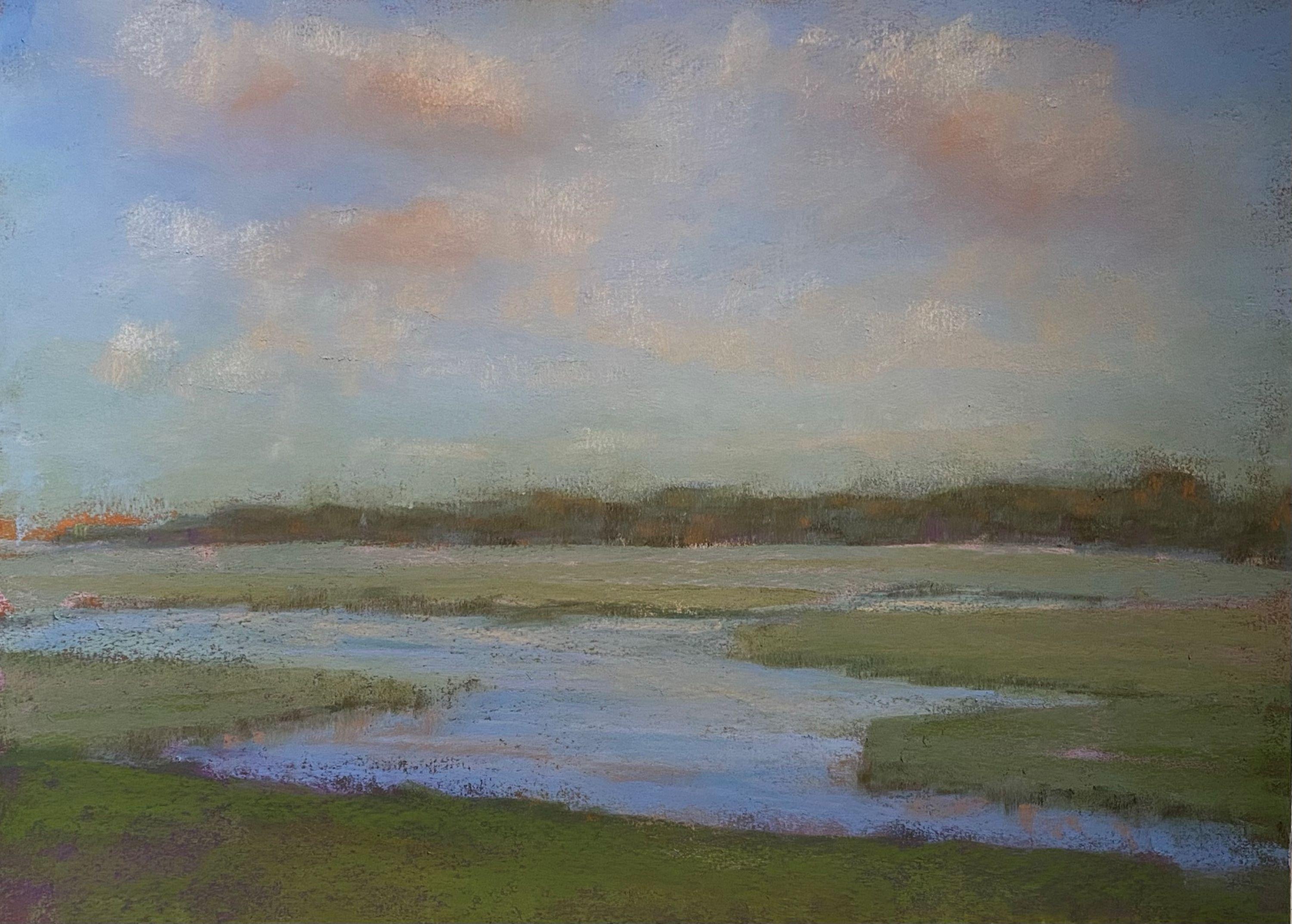 Moody Blues, dipinto a pastello di paesaggio impressionista su tavola con cornice originale - Painting di Dina Gardner
