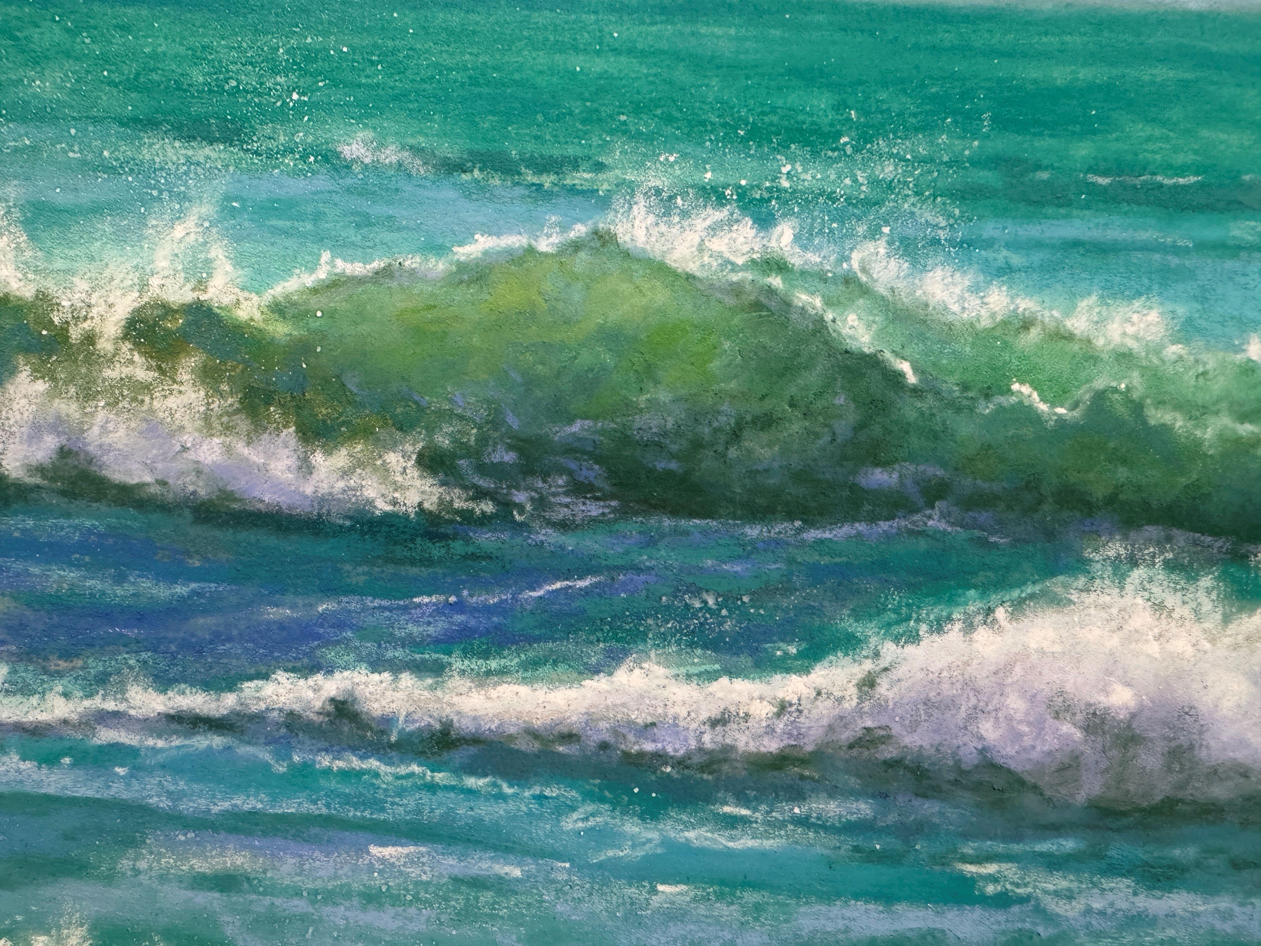 Ocean's Jewels - Impressionist Framed Wave Pastel Painting - Blue Landscape Painting by Dina Gardner